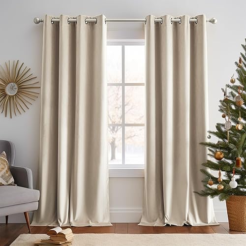 Lazzzy Cortinas de terciopelo beige con aislamiento térmico de 90 pulgadas de largo, cortinas para dormitorio, sala de estar, oscurecimiento de