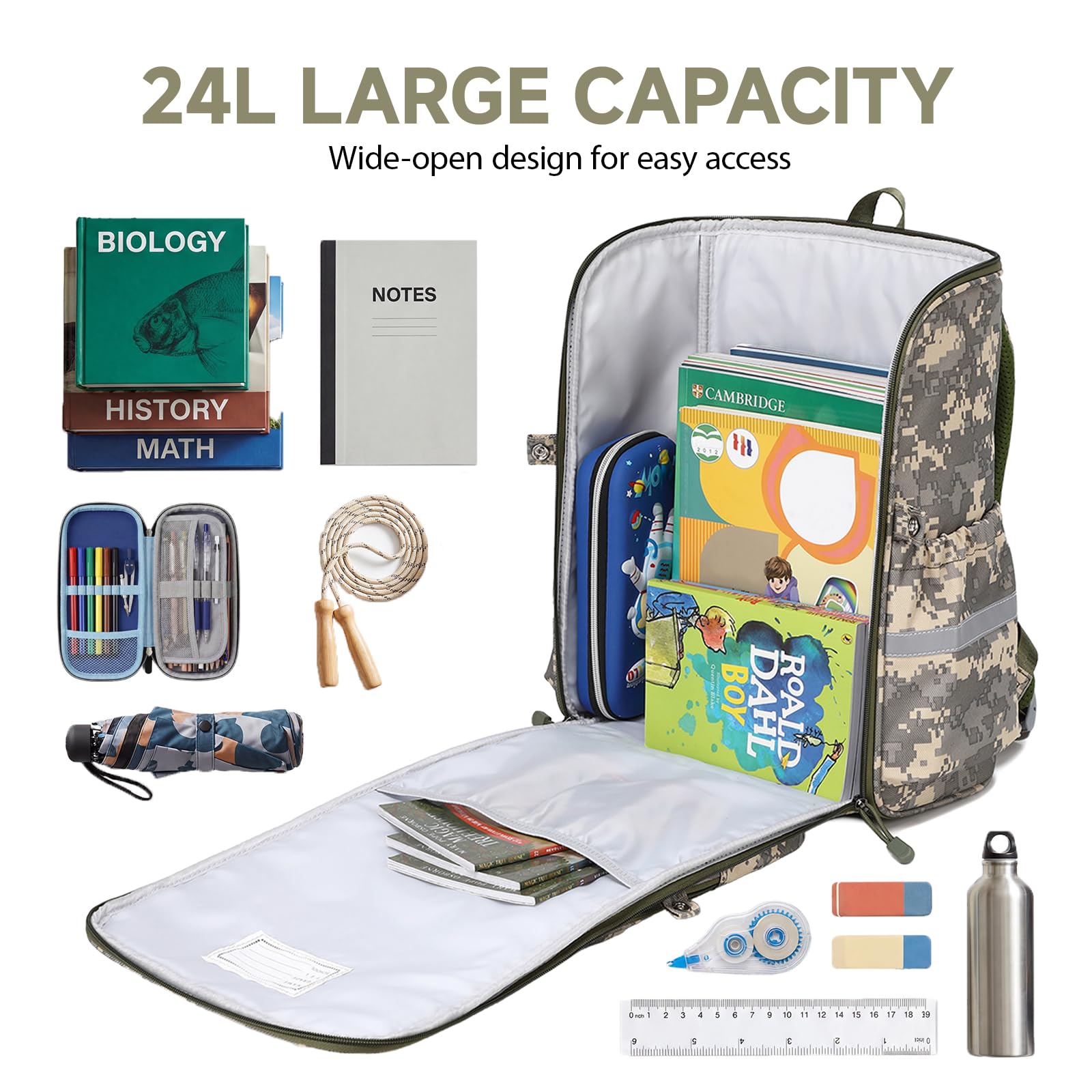 Amythe Sac à Dos Garçon Camouflage, Cartable Primaire pour Classes 1 à 6, Sac à Dos Ergonomique avec Ceinture Poitrine et Bandes Réfléchissantes, Sac Scolaire Étanche pour l’École, Camouflage Gris