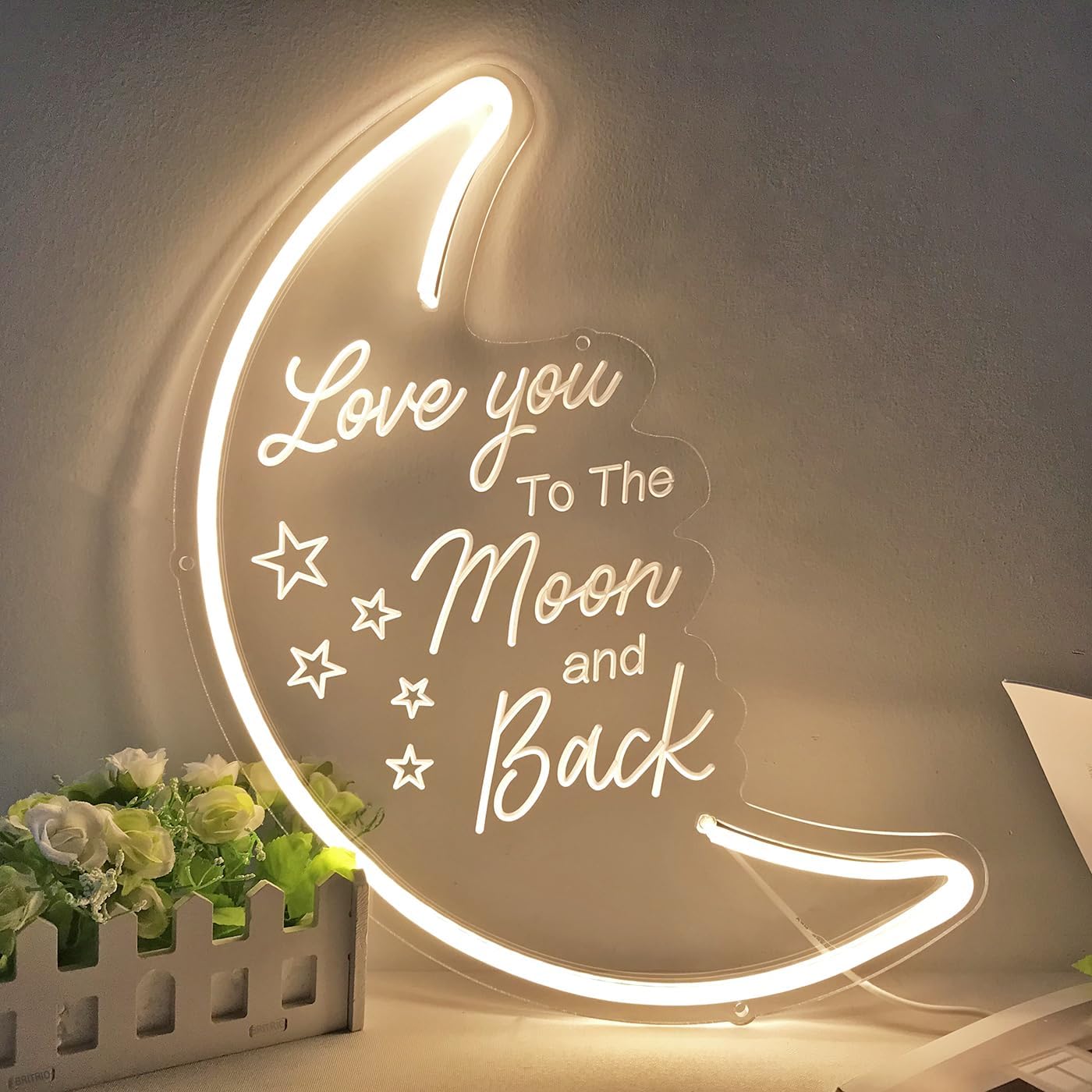 Britrio LED Moon Neon Light Sign, 15.75”x10.24” Warm White Love You To the Moon And Back Neon Wall 3D Art for Party Girls Kid’s Bedroom Living Room,Home Decor Night Light 5V USB Powered with Dimmer Switch