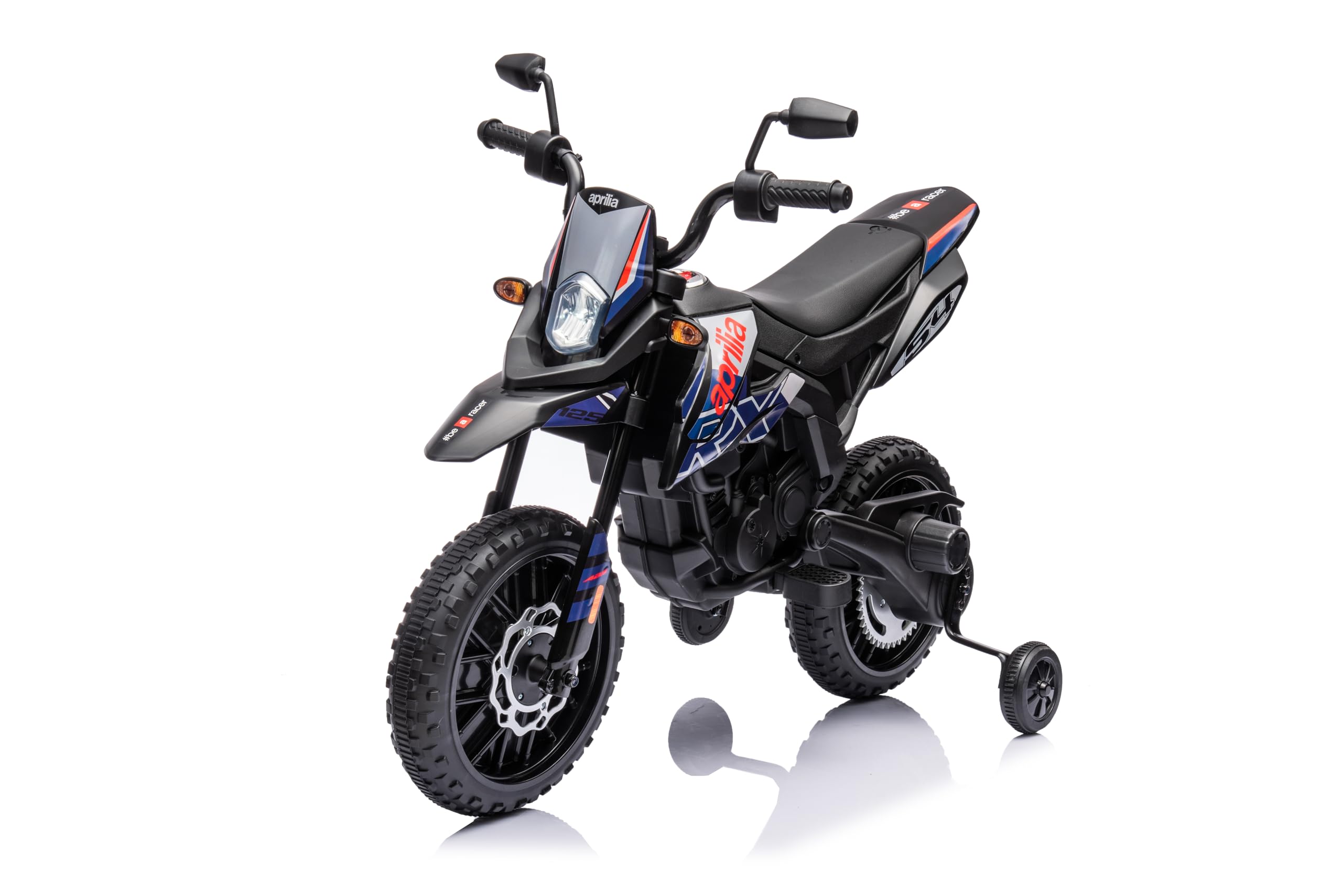 Moto elettrica per bambini 12 V Aprilia RX 125 Cross a batteria per bambini blu con sospensione posteriore luci LED e musica
