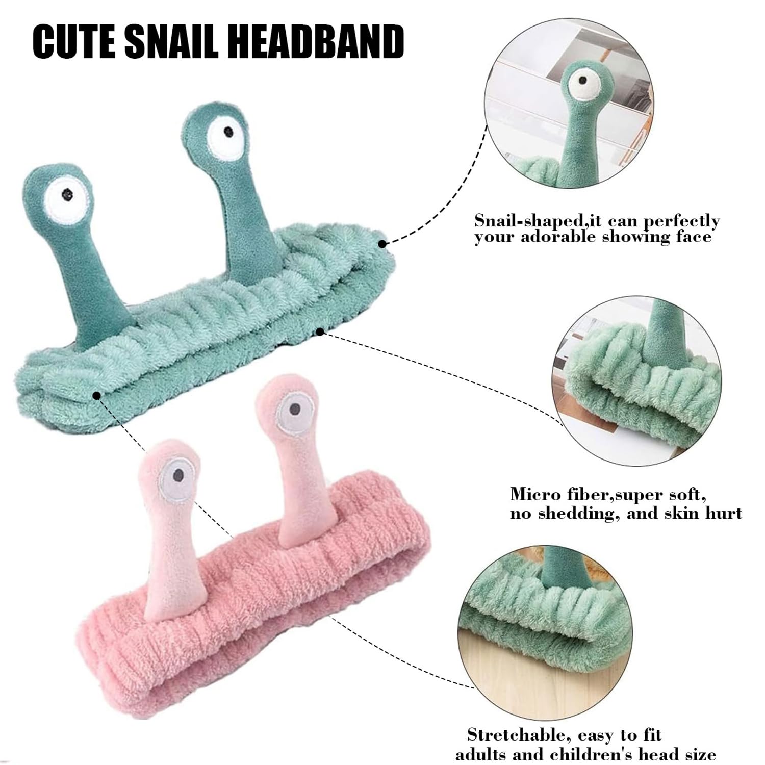 Bohue 2Pcs Spa Headband Face Wash Wristband Set Cute Cartoon Snail Headband Soft Elastic Coral Fleece Hair Band for Face Washing Skincare Yoga Sports Makeup Bath - Image 2
