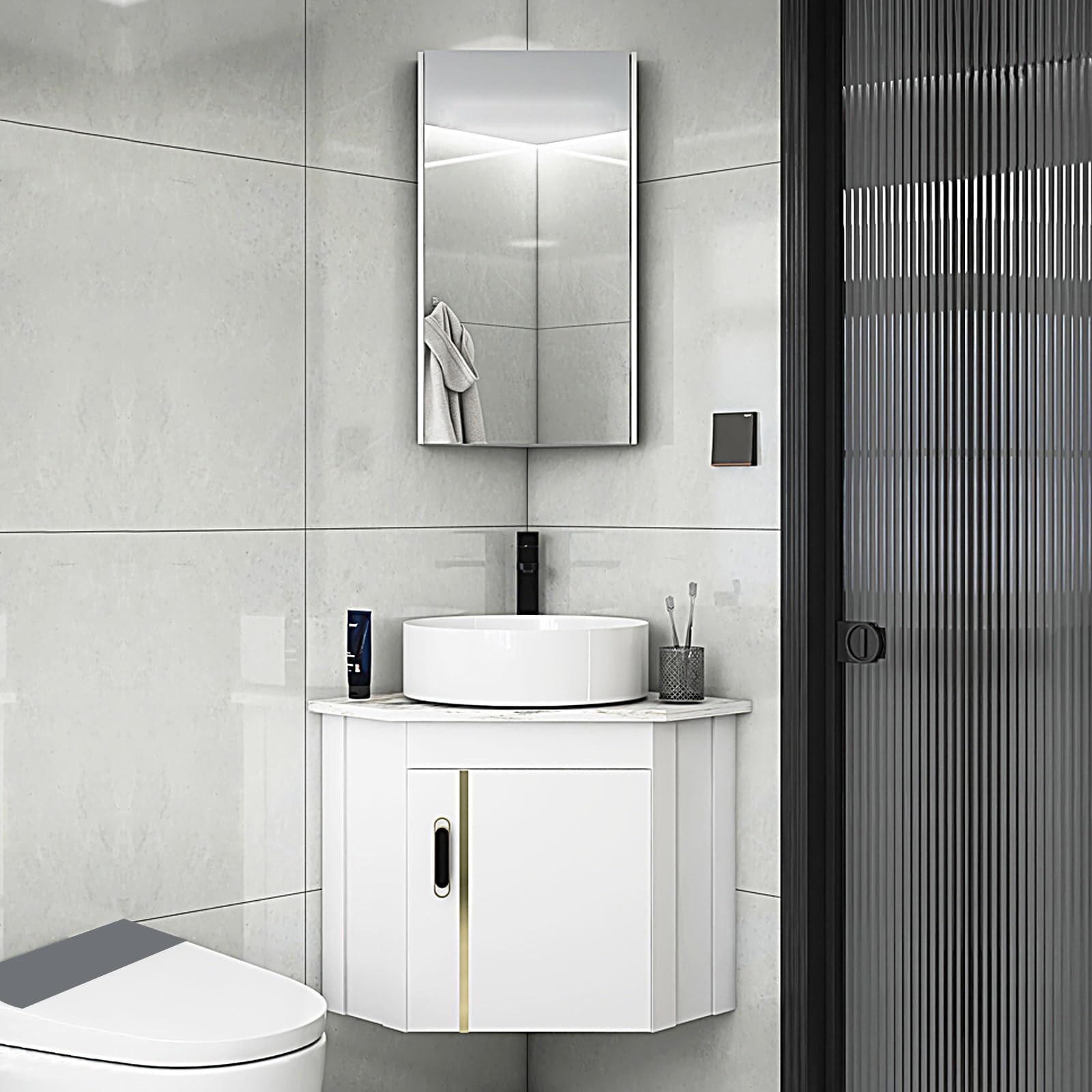 DFGHNBVC Corner Bathroom Vanity Set With Sink Medicine Cabinet, Space-Saving Lavatory Basin With Hot/Cold Faucet For Compact Areas,38Cm/15In