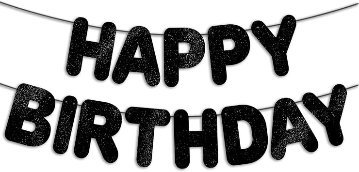 Pre-Strung Happy Birthday Black Glitter Banner, Black Birthday Party Decorations for Men, BDAY Party Backdrop Sign for Him