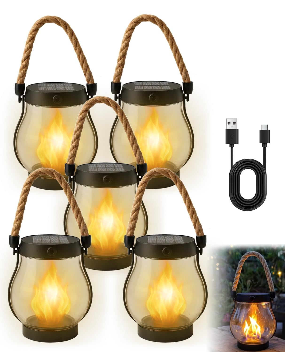 Kaliqo Lanterna solare per esterni, impermeabile, fiamma danzante, lanterna solare, luci esterne, corda di canapa Kaligo, lanterne a fiamma da appendere per decorazioni da giardino e cortile
