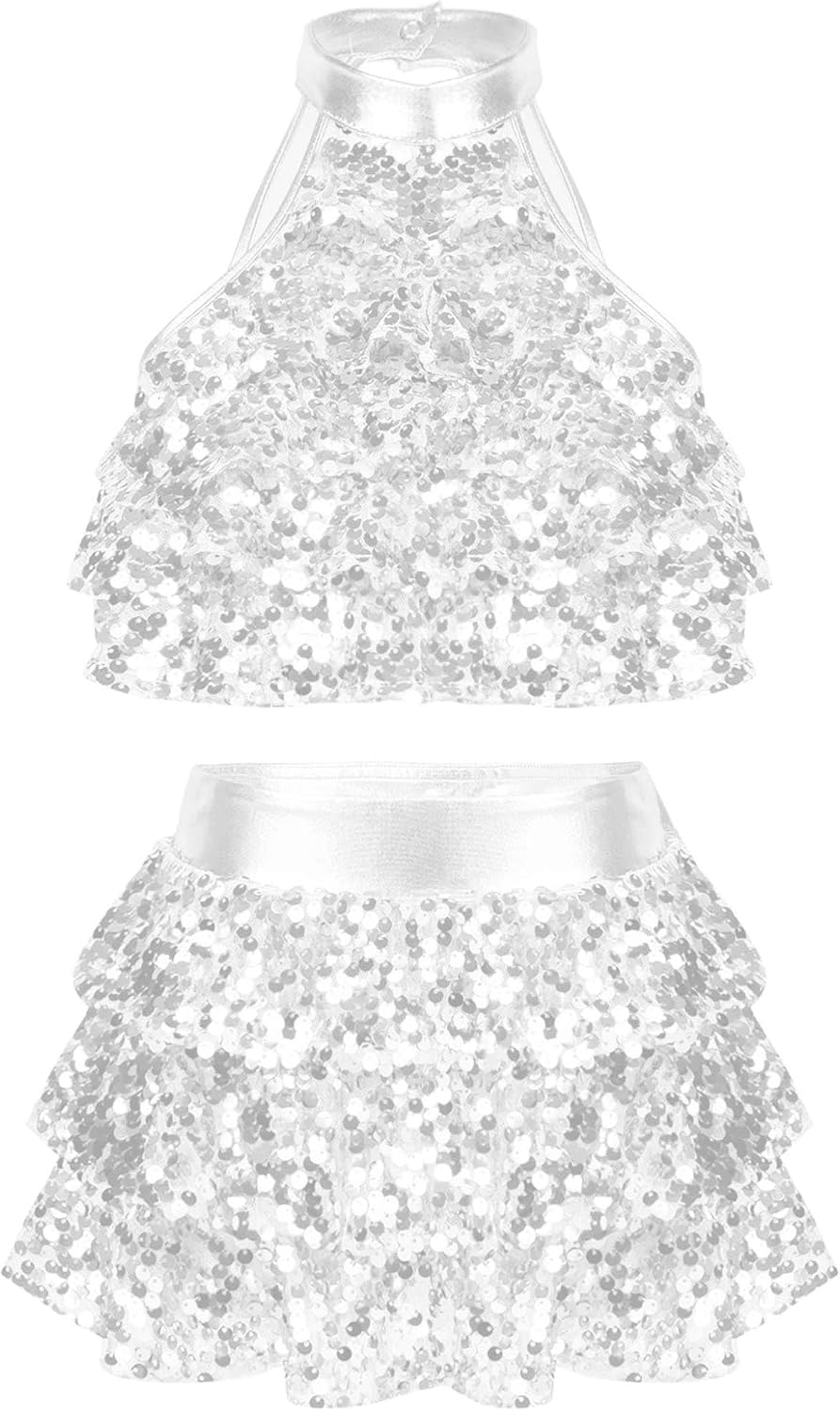 XUNZOO Kids Girls Shiny Sequin 2 Piece Jazz Latin Samba Dance Outfits Performance Dance Costume Dancewear