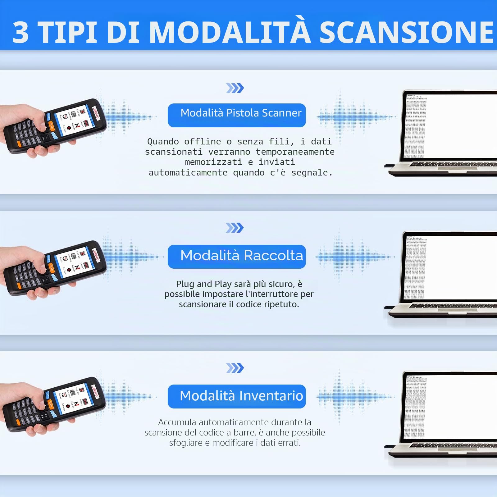 Lettore di codici a barre 1D da collezione con ricevitore USB wireless da 2,4 GHz, lunga distanza di trasmissione, schermo LCD multifunzione da 2,8 pollici, lettore di codici a barre