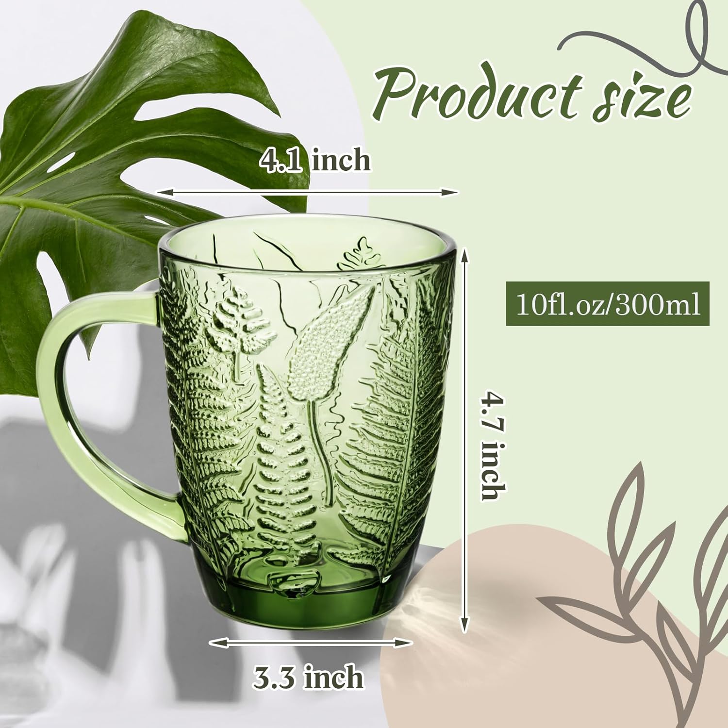 Reallnaive Green Drinking Glasses Set of 8, Boho Aesthetic Vintage Glassware Fern Paisley Carving Textured Tumbler Water Cups Embossed Pattern Drinkware Cocktail Set for Xmas Gifts(10 oz,with Handle)