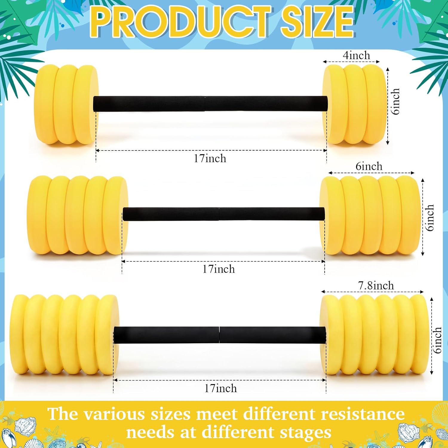 Soulchen 3 Pcs Long Aquatic Exercise Dumbbells Swim Barbells 25'' 29'' 33'' Foam Water Weight Dumbbell Pool Barbells with High Density EVA Foam for Swim Water Aerobics Fitness Loss