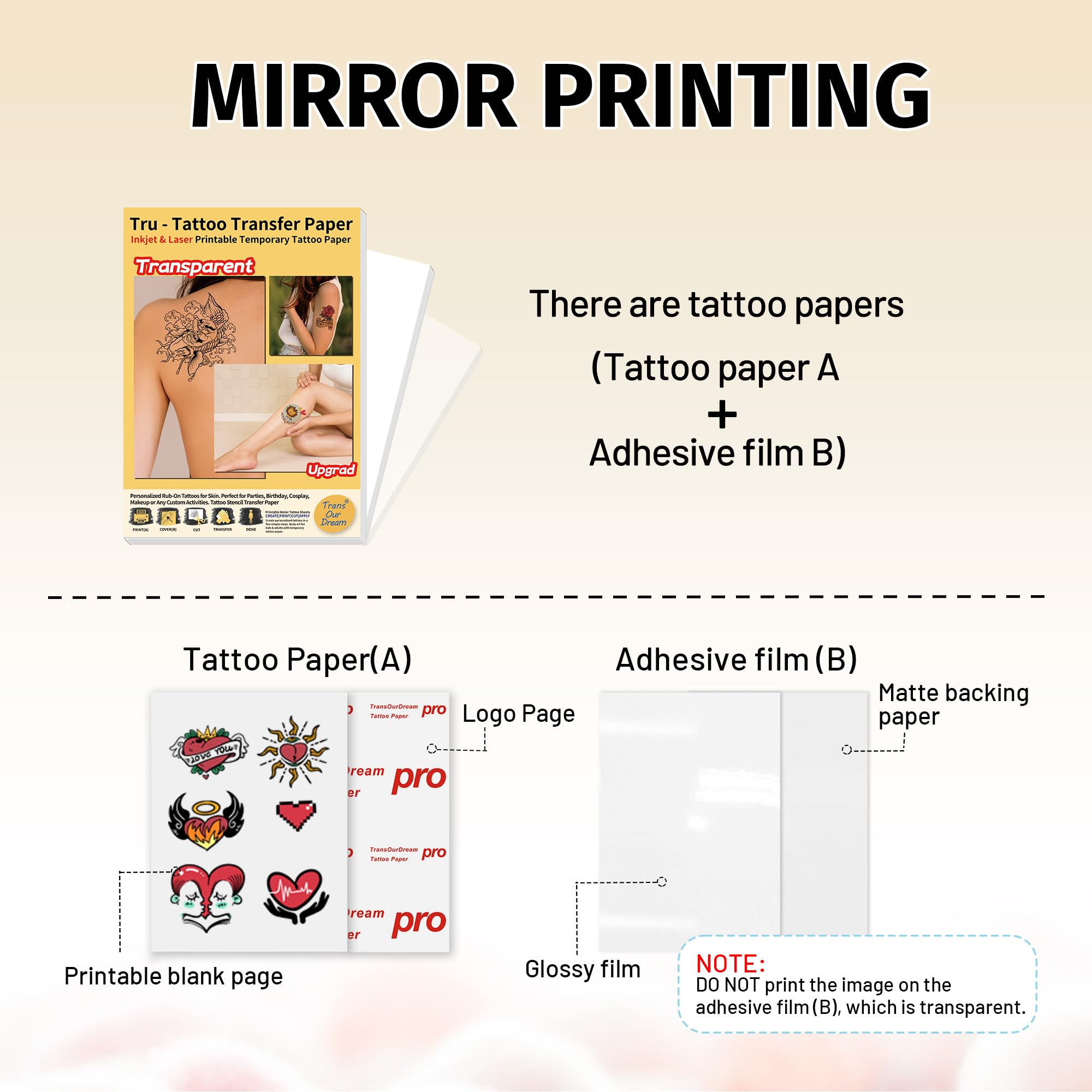 TransOurDream Matte Tru-Temporary Tattoos Transfer Paper Clear Stickers A4 10 Sets(A+B) Inkjet/Laser Printable Temporary Tattoo Paper Personalised Temp Tattoo Printing Paper(08Pro-10) - Image 2