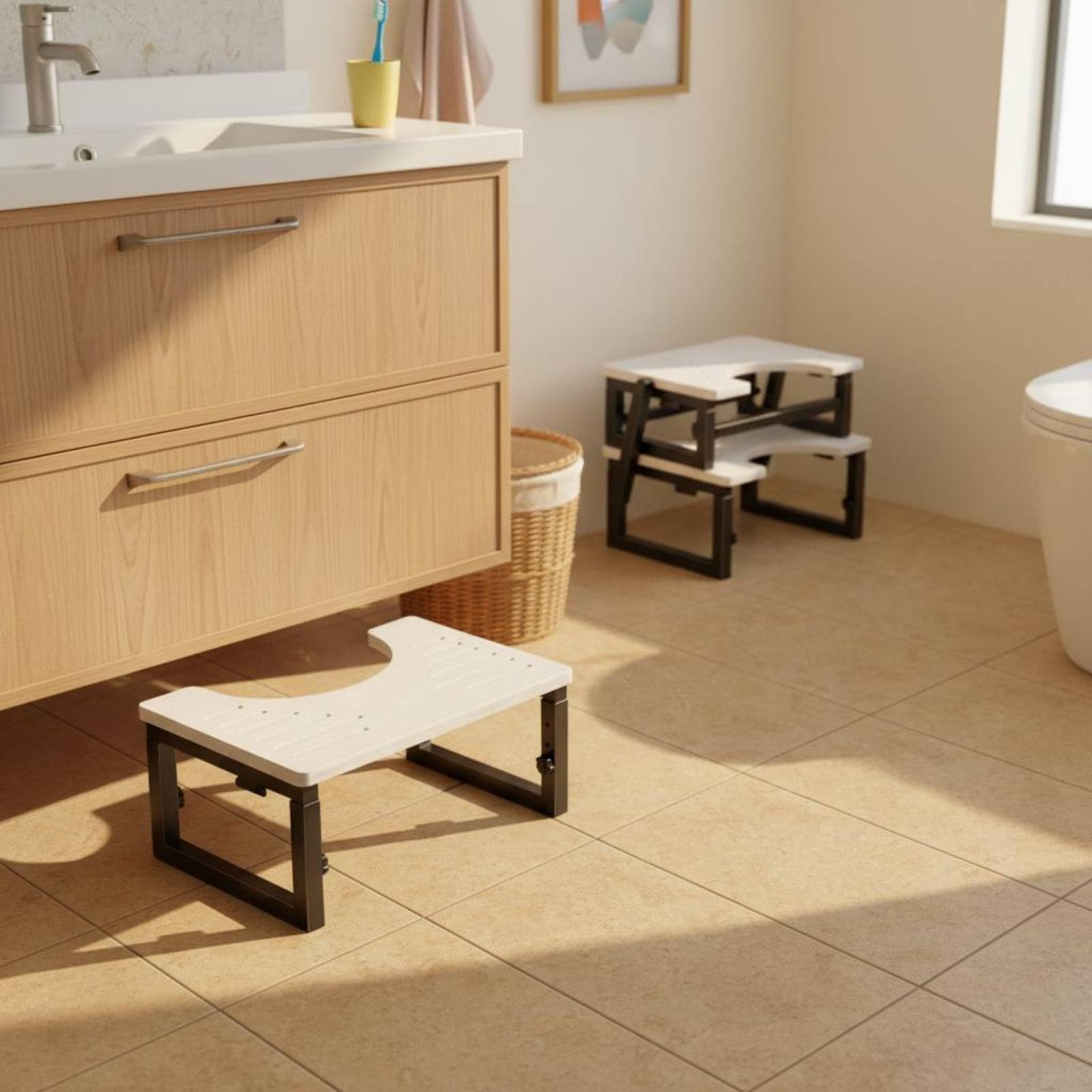 Amagogo Sgabello Pieghevole per WC Poggiapiedi per Toilette Rialzo per Bagno Pedana Regolabile in Legno E Acciaio Pieghevole Facile da Riporre Allineamento, Nero