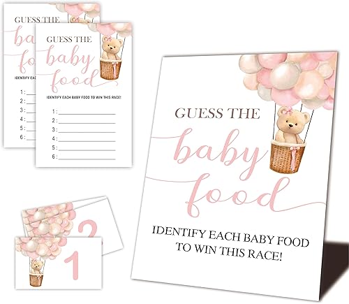 Juego de baby shower - Adivina la comida del bebé - Tema de globo de aire caliente - 1 cartel grande de pie - 6 tarjetas de números y 25 tarjetas de