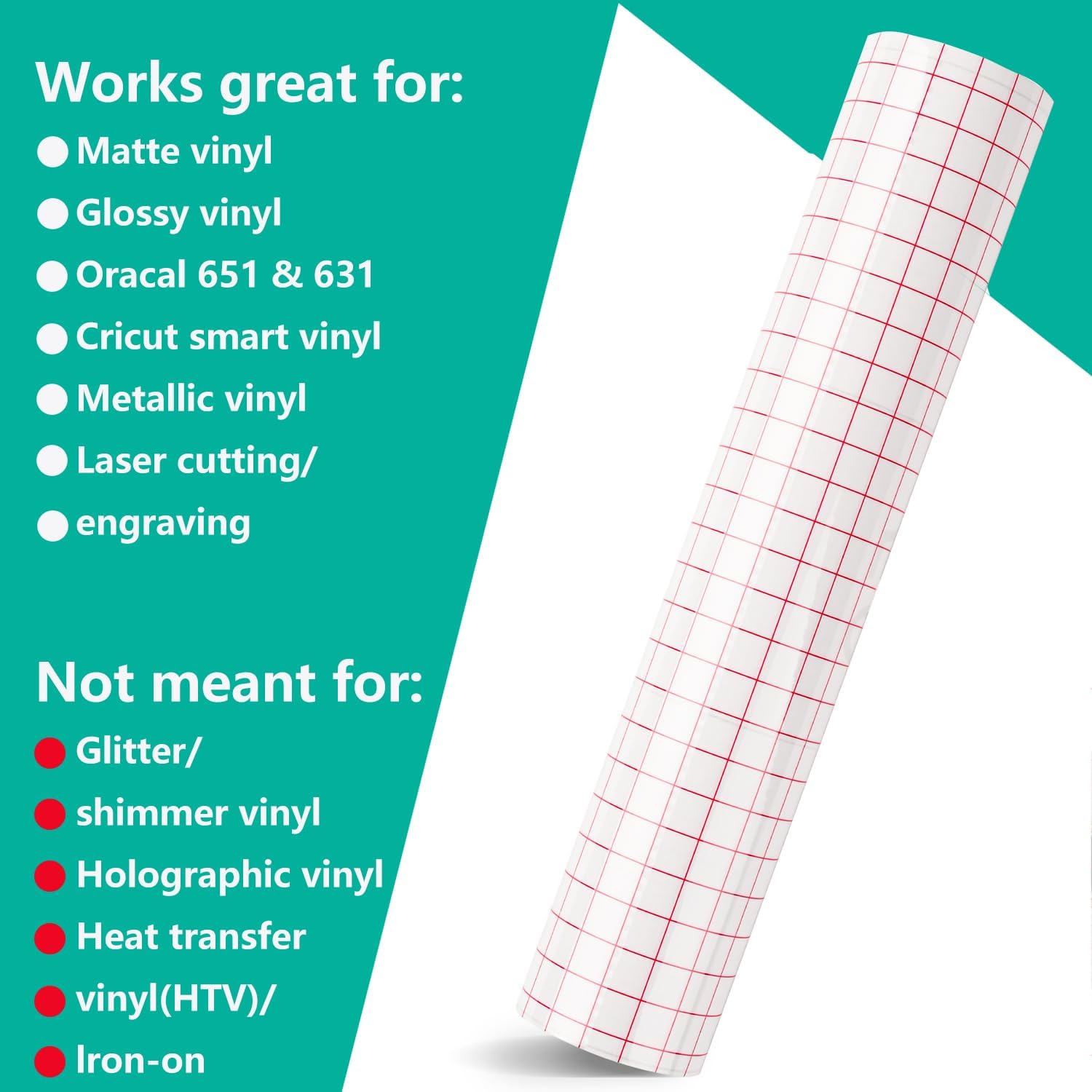 Clear Vinyl Transfer Paper Tape Roll-Red Alignment Grid Clear for Cricut Silhouette Cameo,Transfer Paper for Adhesive Vinyl/Decals/Signs/Windows/Stickers (12 x 50 FT)