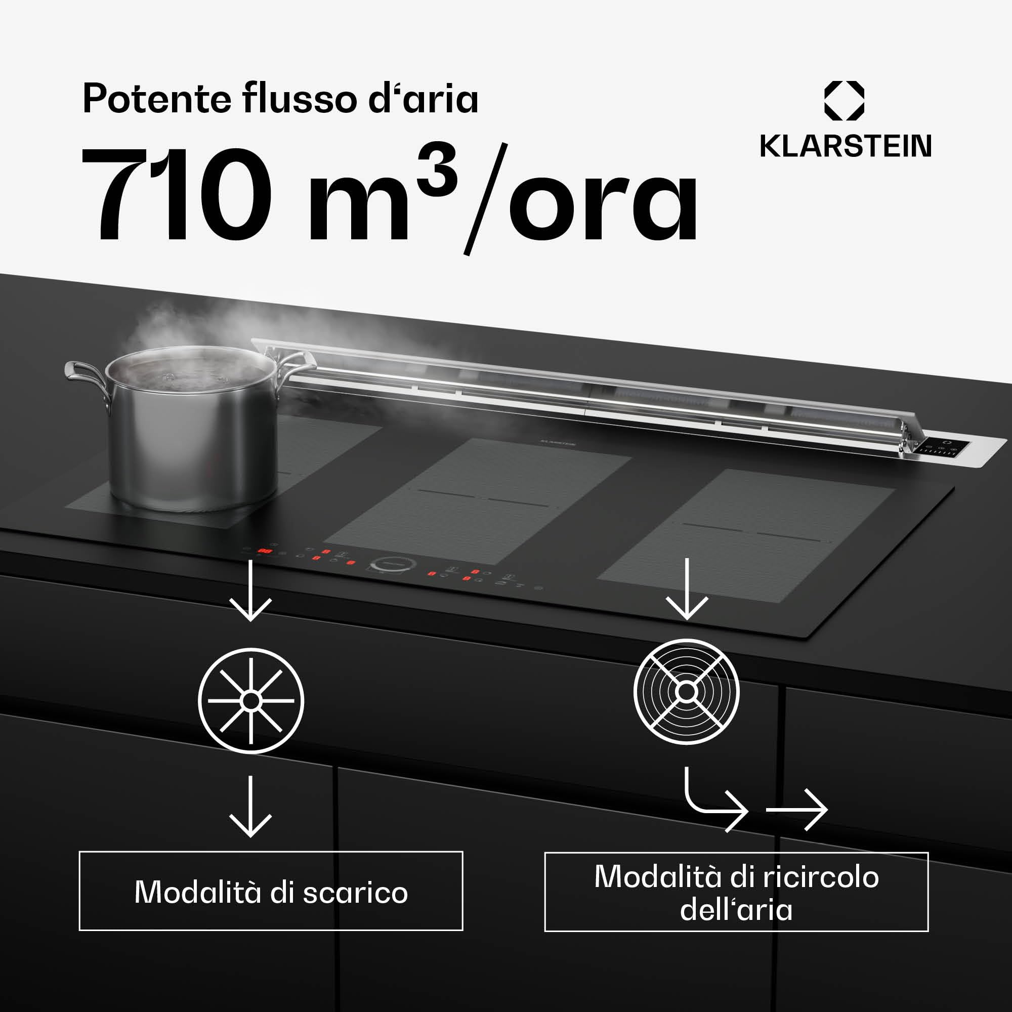 Cuffia da cucina Klarstein 90cm, cuffia di aspirazione downdraft, flusso d'aria 708m³/h, 3 velocità, comandi a sfioramento, modalità booster, cuffia di aspirazione retrattile 90cm