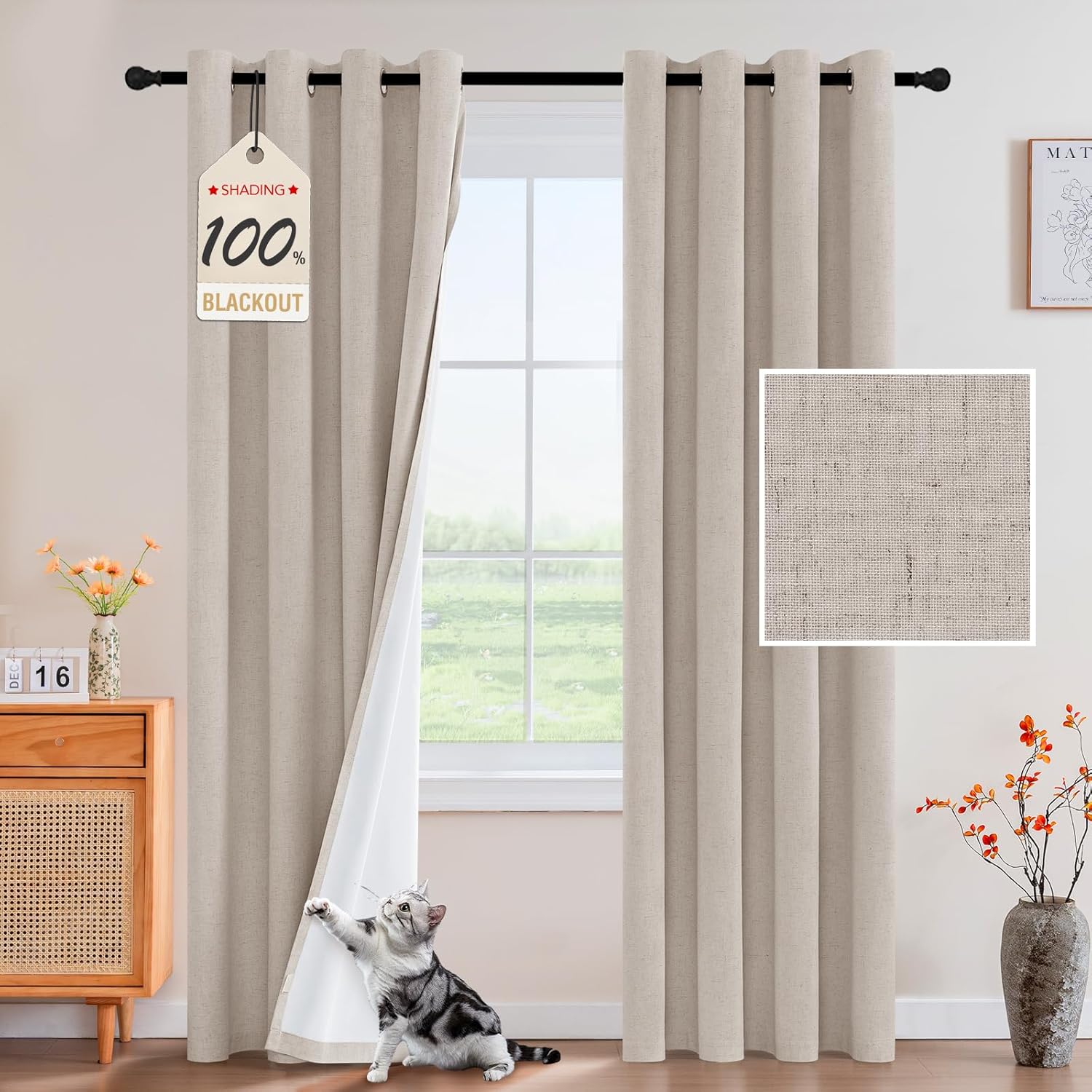 PrinceDeco Thick Linen Blackout Curtains Room Darkening Curtains 84 Inch Length Black Out Curtains for Bedroom Cold and Full Light Blocking Drapes with White Liner Grommet(2 Panels,Heathered Natural) Heathered Natural 52"W x 84"L (Pack of 2)