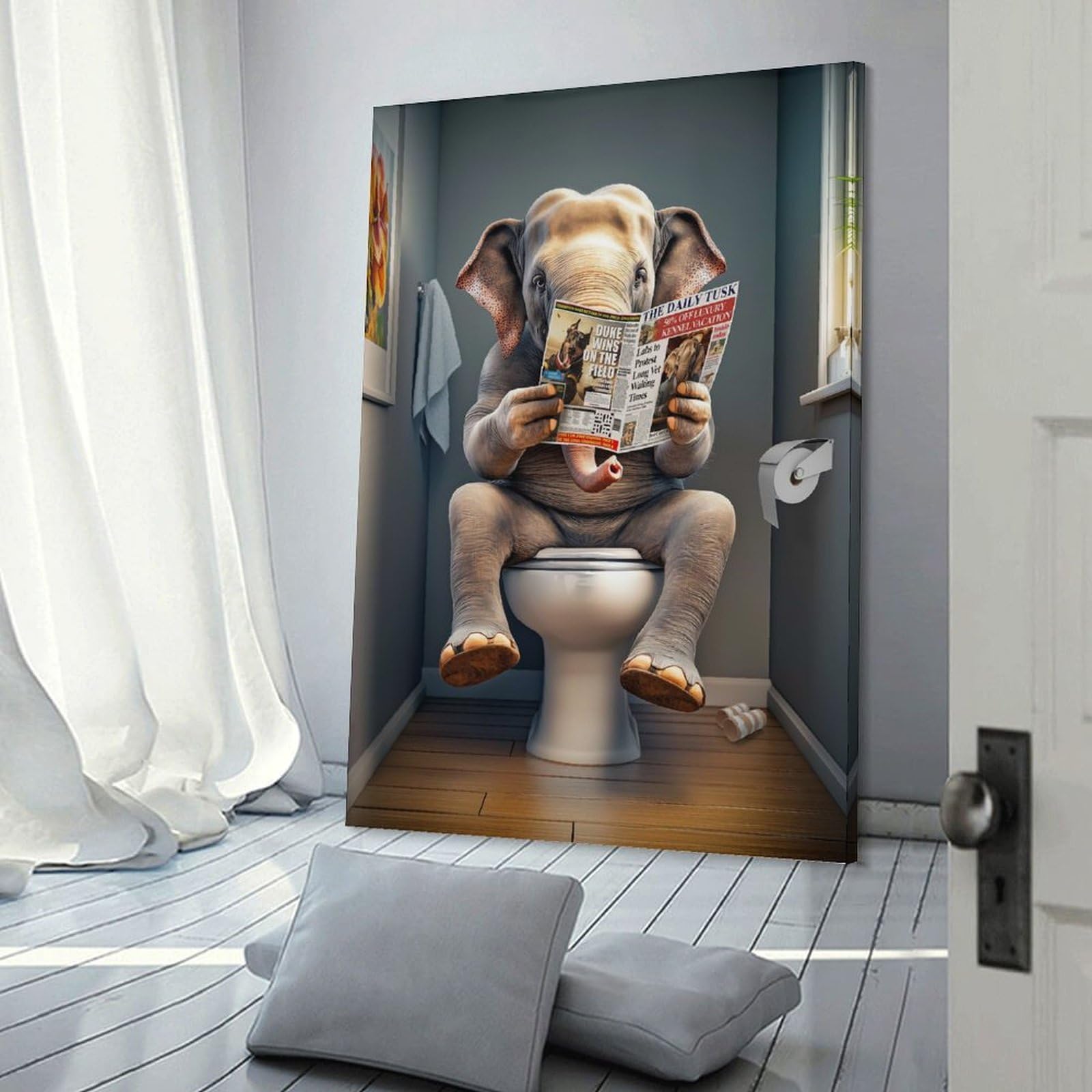 Junmoney Frame-Style Elephant On The Toilet Room Decor Wall Art 20X30inch(50X75cm), For Entrance Walls, Hall Decor Or Foyers, A Neat Decor Update For Hallways