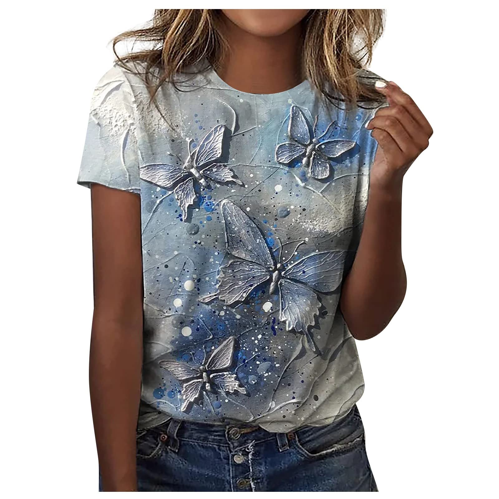 Women's Sunflower Print Summer Tops Short Sleeve Round Neck T Shirt Basic Tees Vintage Loose Blouse