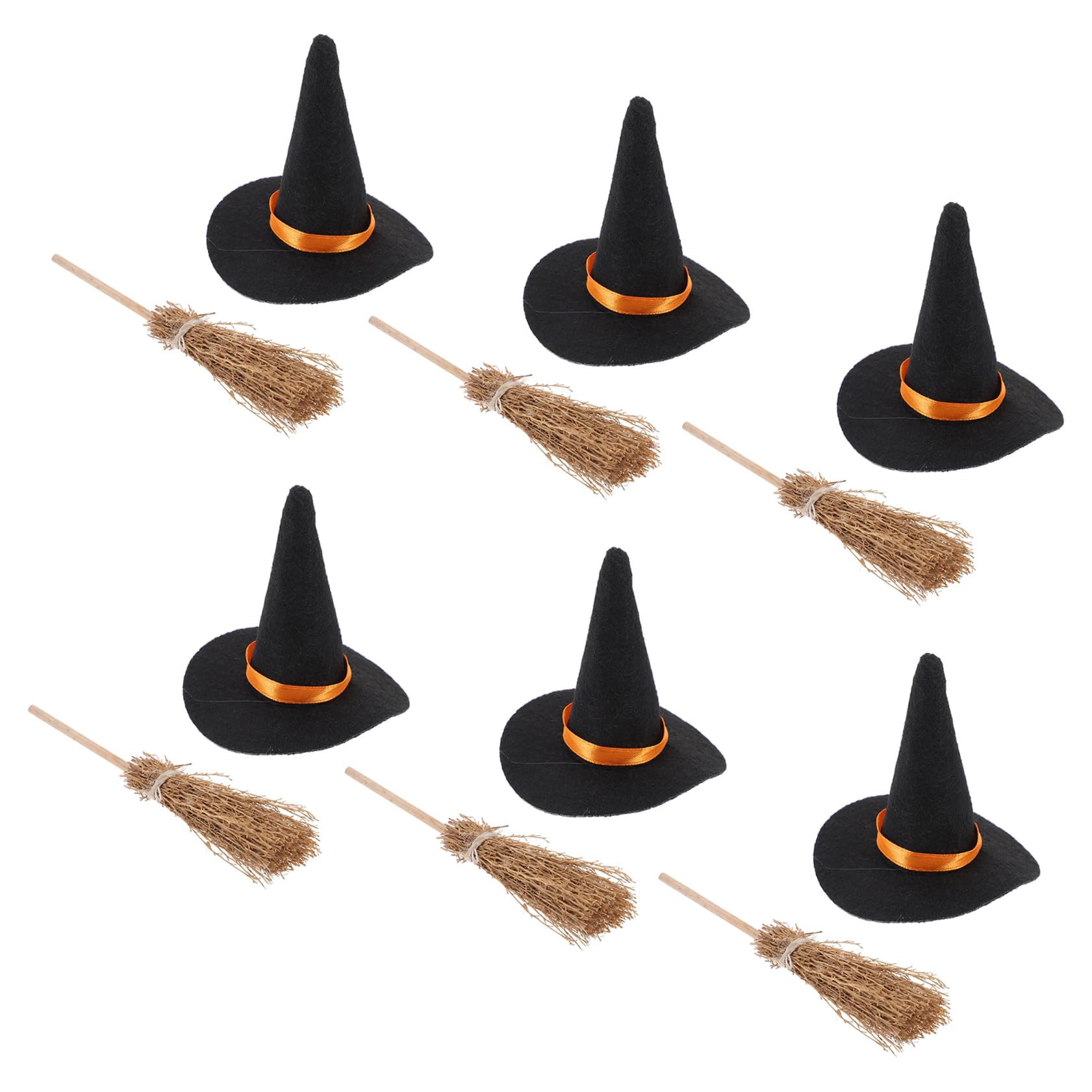 Hohopeti 6 Impostati Cappelli Strega Mini in Tessuto e Mini Scope in Legno per Decorazioni Halloween DIY Cappelli Artigianali Delicati e Accessori Festivi per Feste e Casa