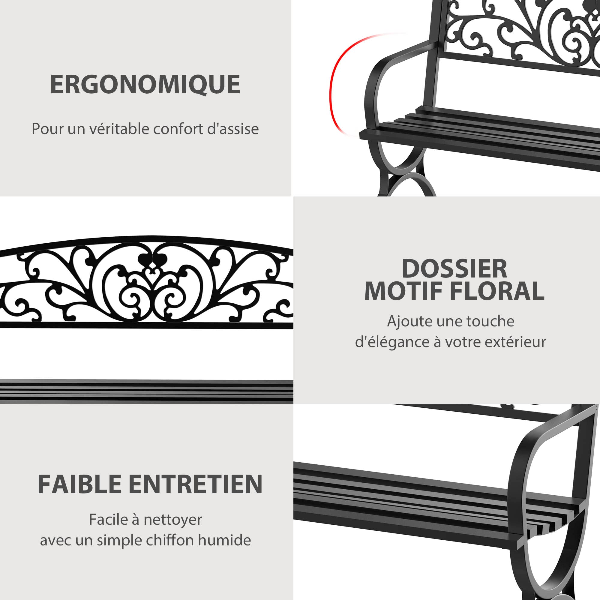 Outsunny Banc de Jardin terrasse en Acier Fonte Noir 3 Places 127 x 60 x 85 cm Charge Max 240 Kg