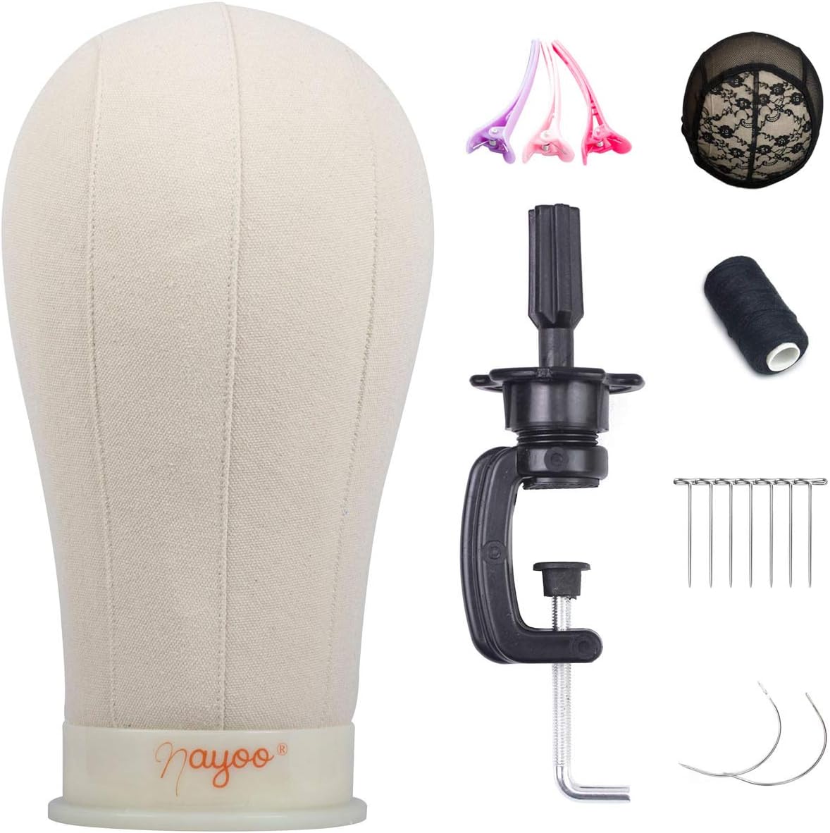 NAYOO 21-24 inch Canvas Block Head Wig Head Stand for Making Wigs Display Styling Mannequin Head Set With Mount Hole (22inch - Light brown)