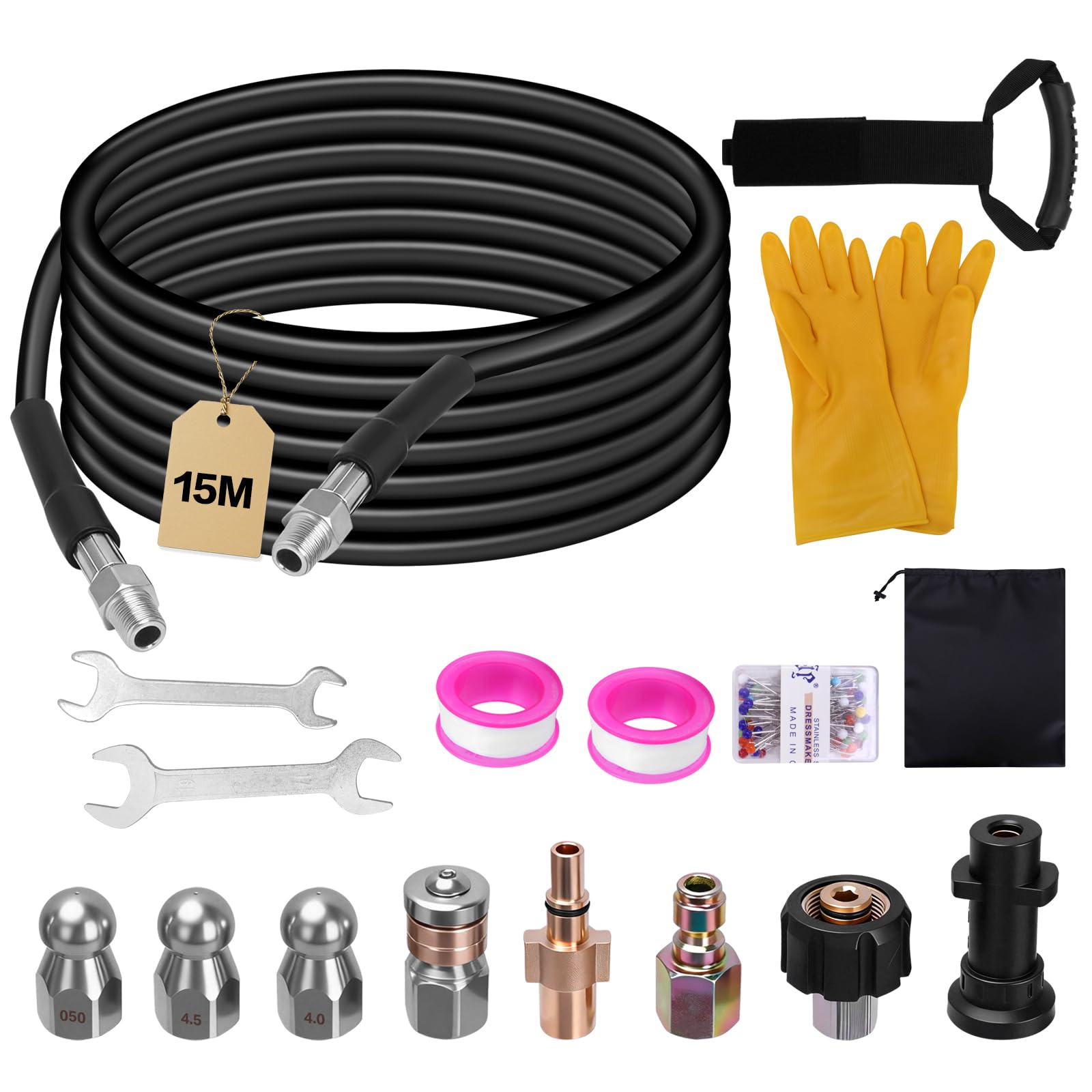 15M Tubo per Idropulitrice, 180Bar 60°C Sturatubi per Idropulitrici, Sonda Sturatubi Compatibile con Karcher K2-K7, Include 2 Adattatori, 3 Ugelli Ugelli Rigidi, 1 Rotanti, 2 Chiave e 2 Nastro Teflon