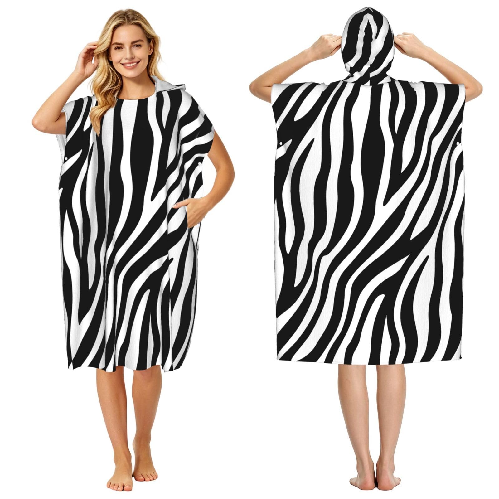 Poadnly Zebra Print Print, Adult Hooded Beach Towel 90 x 110 cm,Changing Bath Robe, Surf Poncho Towel For Women Men