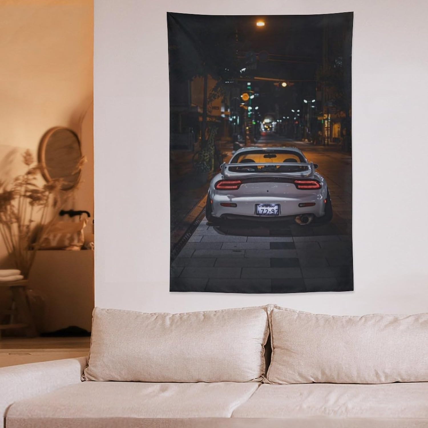 JDM Car Rx7 White Modified Night City Tapestry Wall Hanging for Bedroom Aesthetic Art Home Decor Dorm Classroom Living Room Tapestries 40"x60"