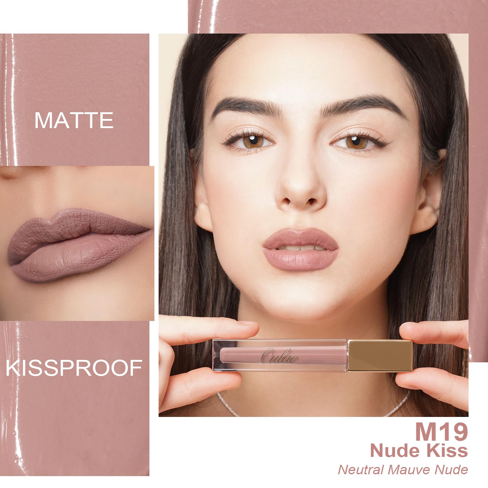 Oulac Rossetto Liquido Matte, Malva Nudo Rossetti Colore Intenso, Tinta Labbra Finish Matte, Lunga Tenuta, Ricco di vitamina E, Consistenza crema, Vegana&Senza crudeltà 4.5ml (M19) Nude Kiss