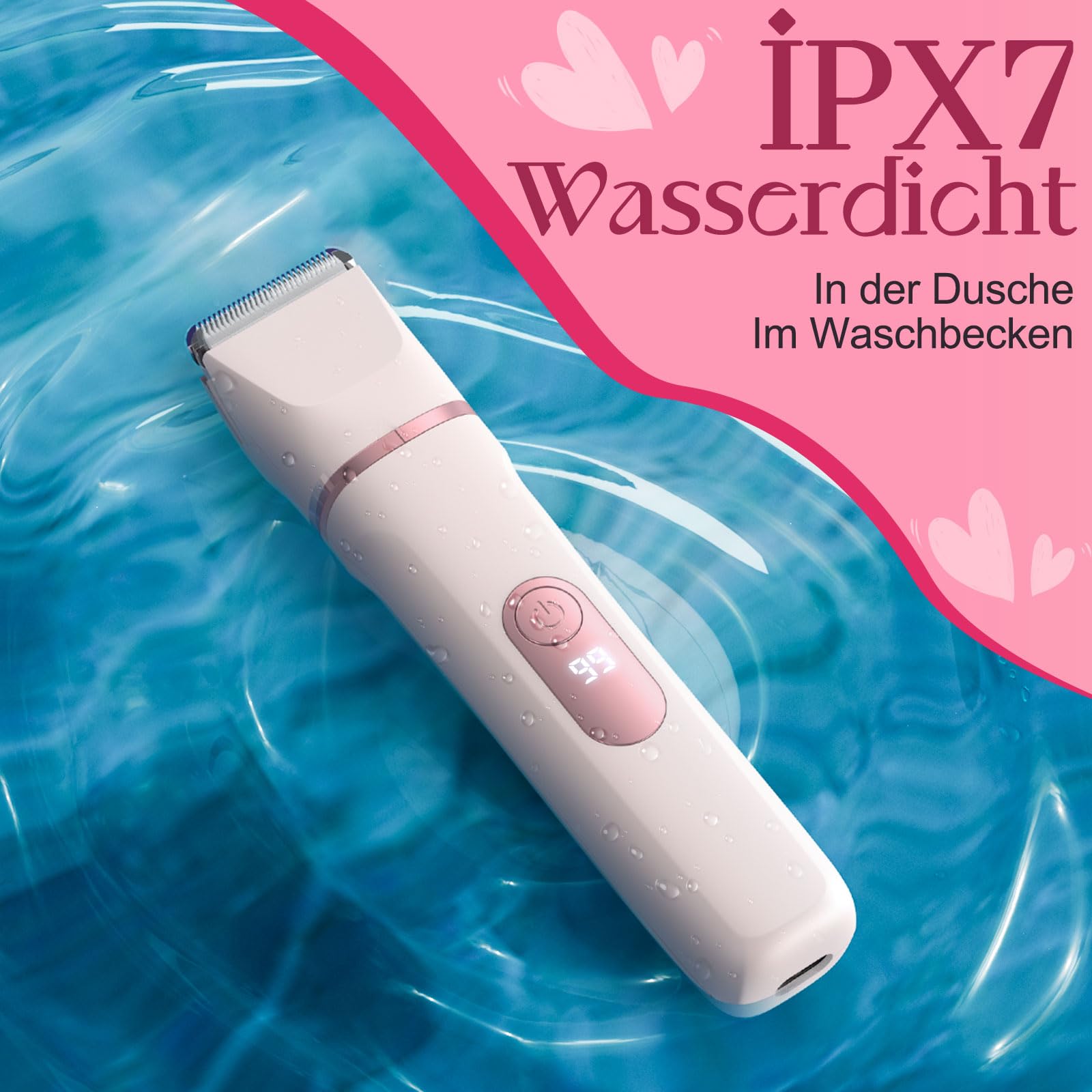 Rasierer Damen, 3-in-1 Intimrasierer für Frauen, für Körper & Intimbereich mit LED-Anzeige, Damenrasierer elektrisch IPX7, Wiederaufladbar mit USB-Ladestation, Trimmer Damen nass & trocken, Rosa
