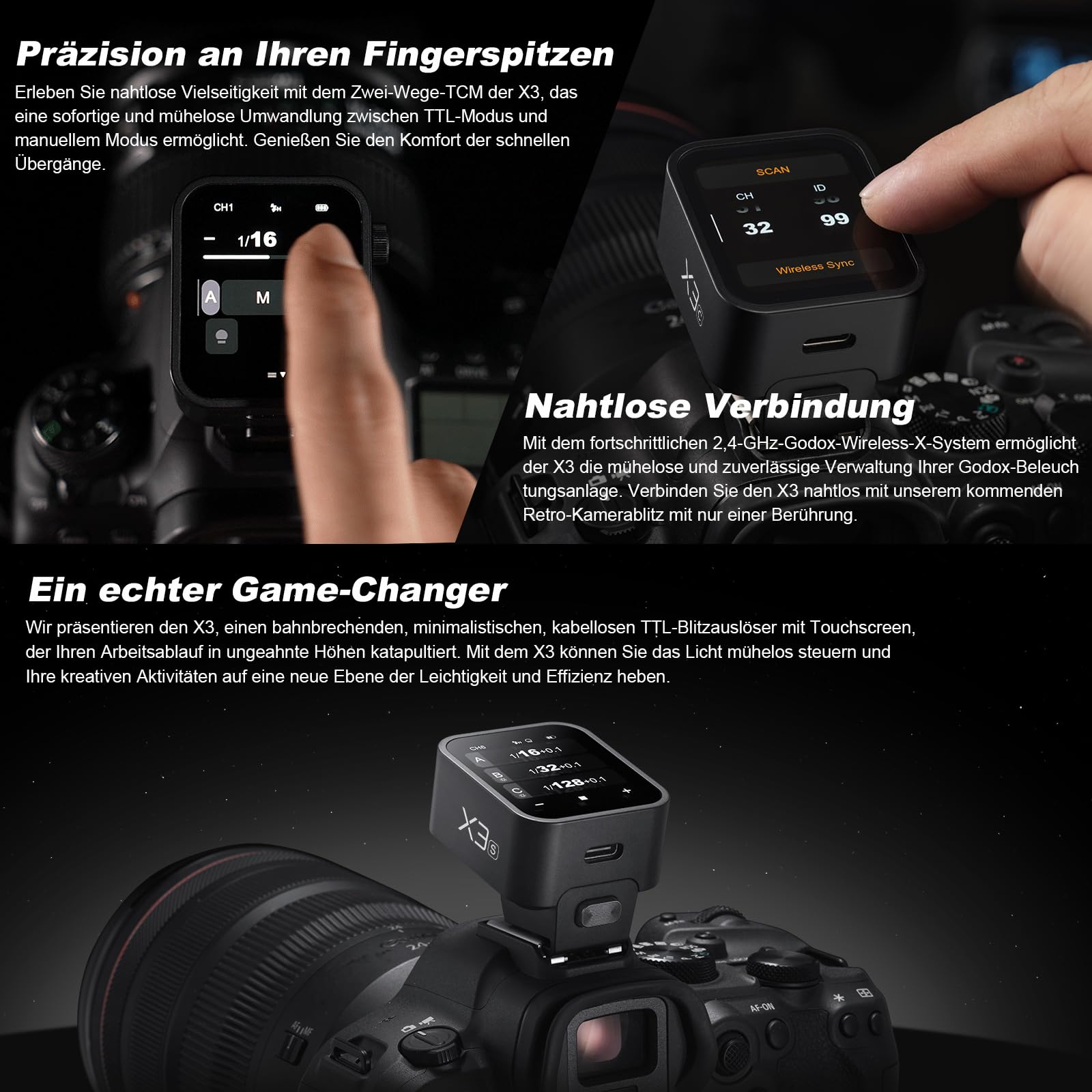 Godox X3-S Kabelloser Blitzauslöser OLED Touchscreen für Sony Kamera 2.4GHz Kabelloser 1/8000S HSS TTL Tcm Funktion Eingebauter Akku Rechargeable (Typ-c) Remote Kamerablitz Abzug für Sony