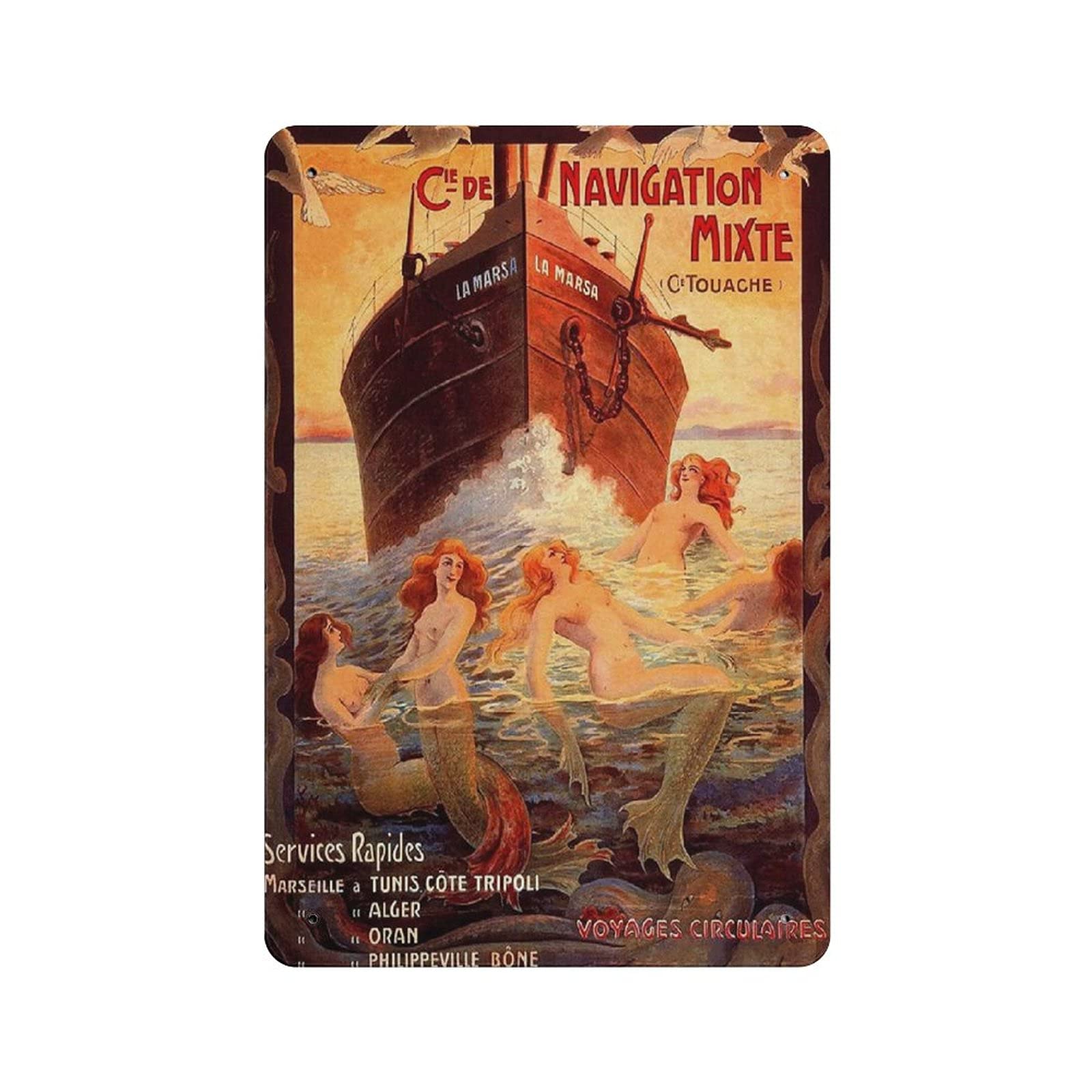 Mermaid Ship Coast Metal Signs, Fun Poster For Bar Kitchen Cafe Farmhouse Wall Decor 12x8 Inch