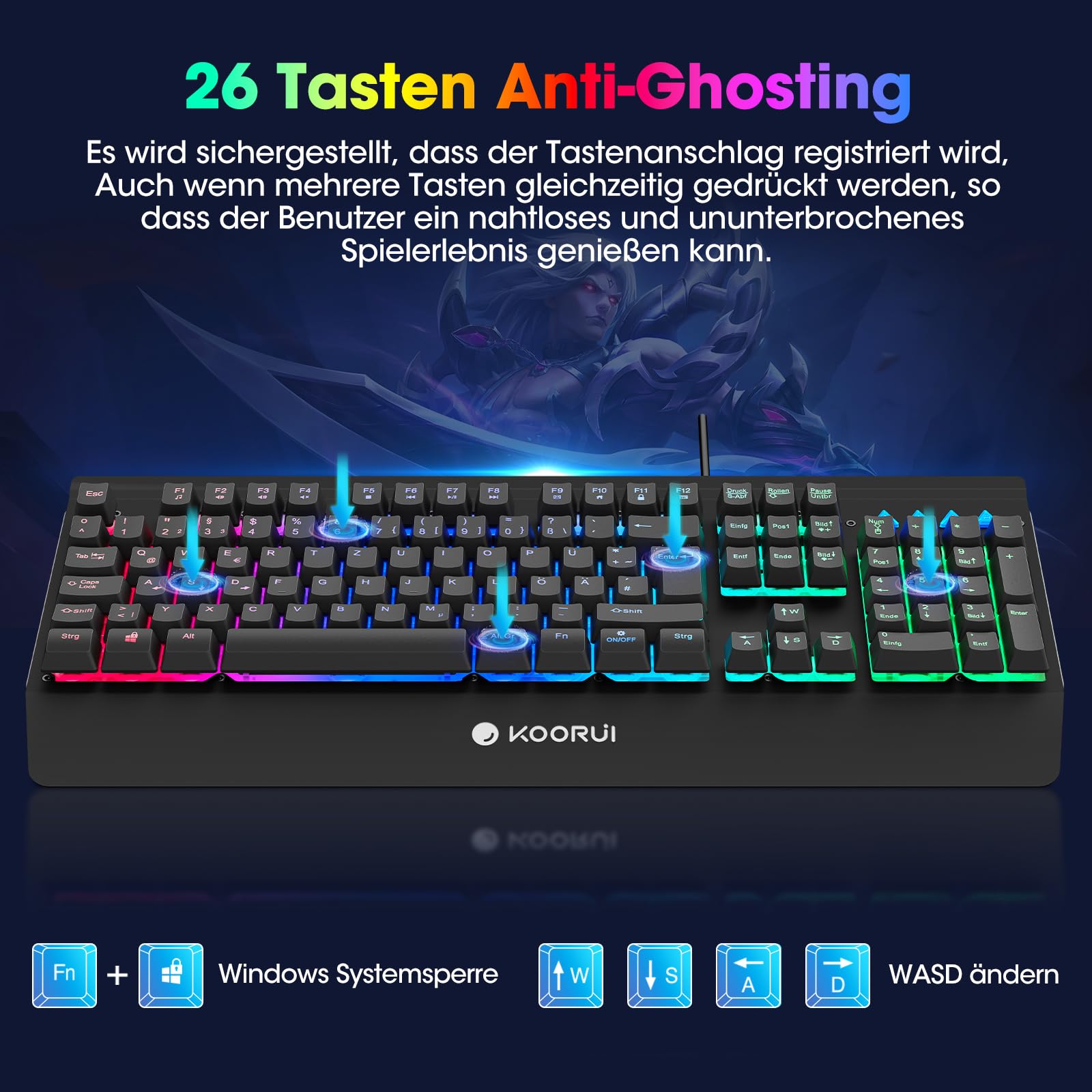 KOORUI Teclado para Videojuegos, diseño alemán QWERTZ con reposamuñecas, protección Fantasma, Cable USB, 12 Teclas Multimedia para Windows, MacOS Linux, Color Negro