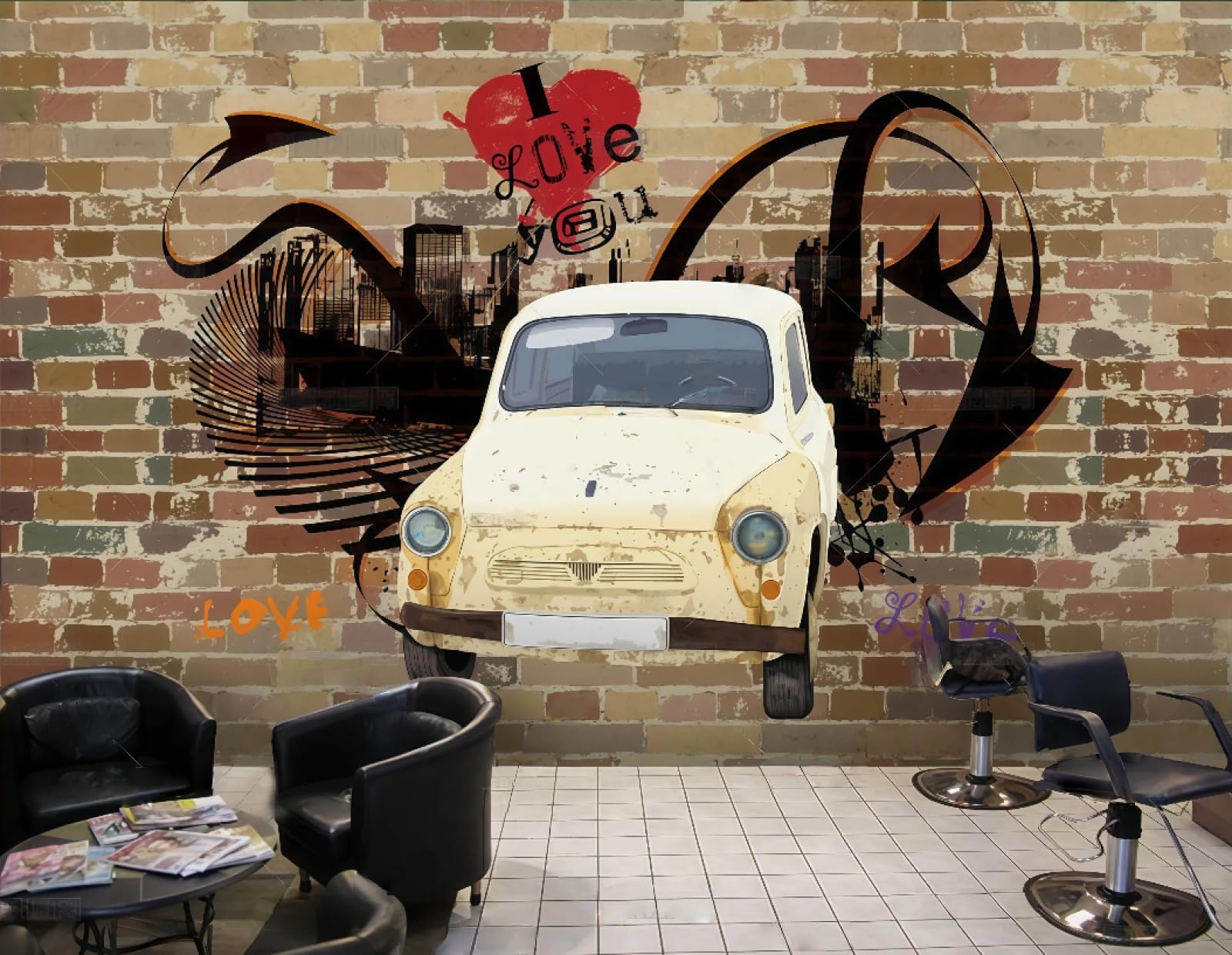 Rskjdghshd 3D Wallpaper Retro Brick Wall Car Graffiti Decorative Painting Afternoon Tea Drink Shop Bar Background Wall Western Restaurant Wallpaper Cafe Mural,,250X175cm