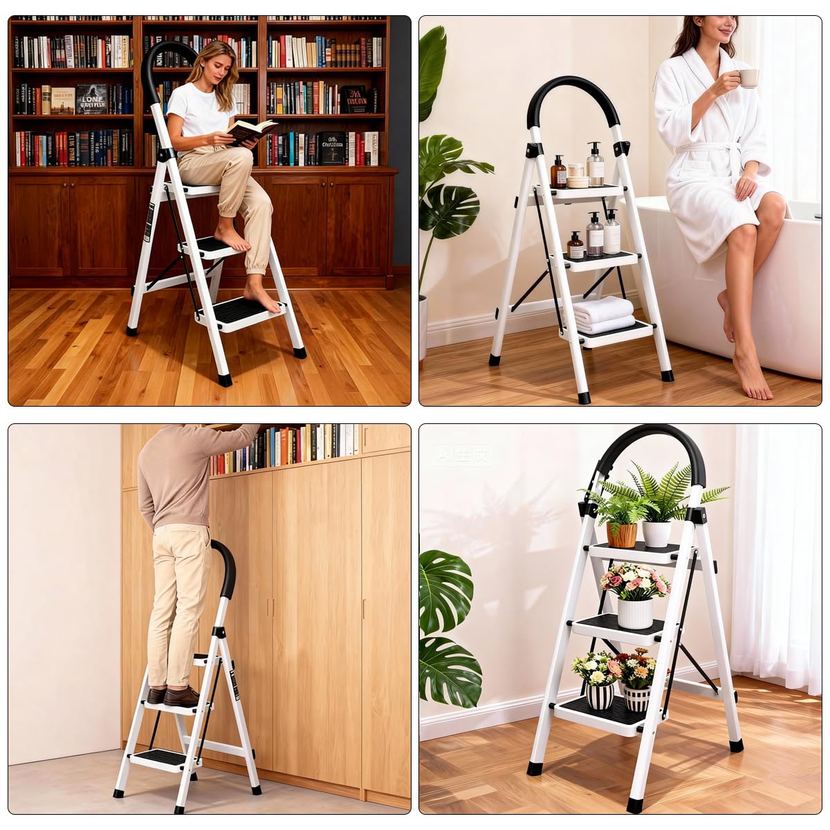 Escalera Plegable 3 peldaños con pasamanos y con Pedal Antideslizante | Taburete Multifuncional con Superficie | Escaleras Plegables Domésticas | Step Ladder para Hogar (3 escalones)