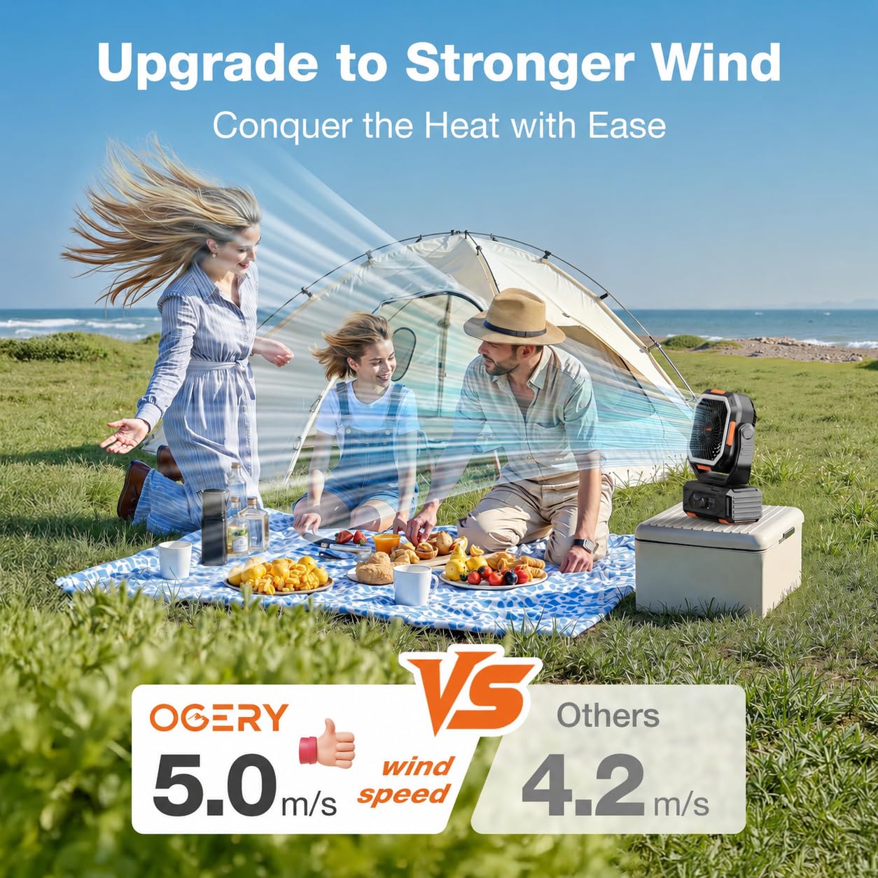 OGERY Ventilatore portatile ricaricabile, 30000 mAh, ventilatore da campeggio per tenda, camper e esterni con durata fino a 322 ore, ventilatore alimentato a batteria con telecomando, lanterna LED