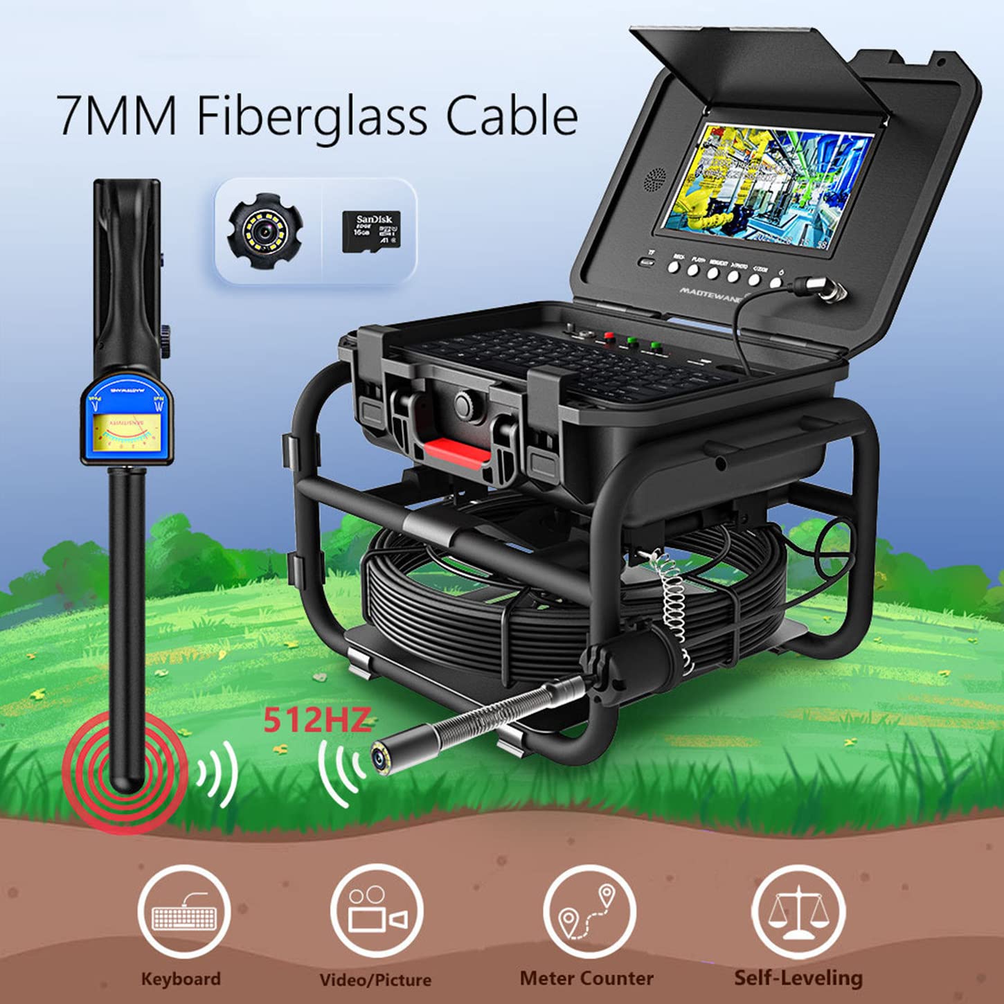 RESKIU Endoscope Camera,Pipe Camera with 512Hz Sonde Transmitter and Receiver, IP68 Waterproof Lights Drain Snake Cable with 9