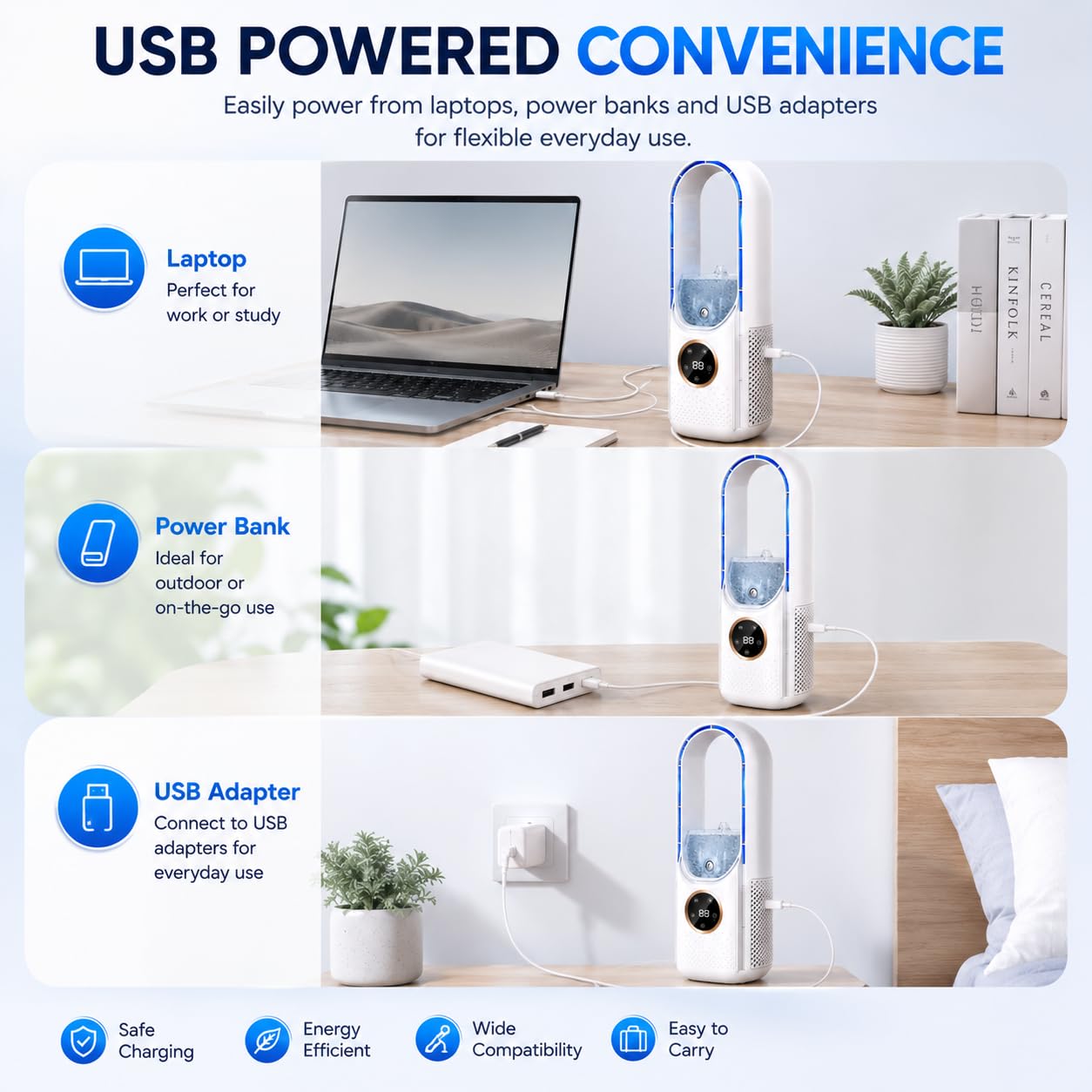 Przenośny klimatyzator, chłodziarka wyparna, osobisty mini wentylator USB z 6 prędkościami, timer 6H i zbiornik 300 ml, cicha, bezłopatkowa chłodnica powietrza na biurko, do domu, biura, sypialni