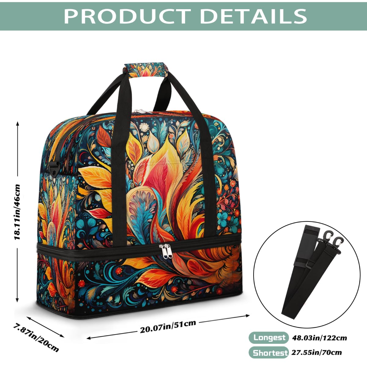 Borsone da viaggio pieghevole con motivo cachemire floreale bohémien, borsa da palestra espandibile con scomparto per scarpe, borsa da weekend di grande capacità, borsa da viaggio, sport, viaggi