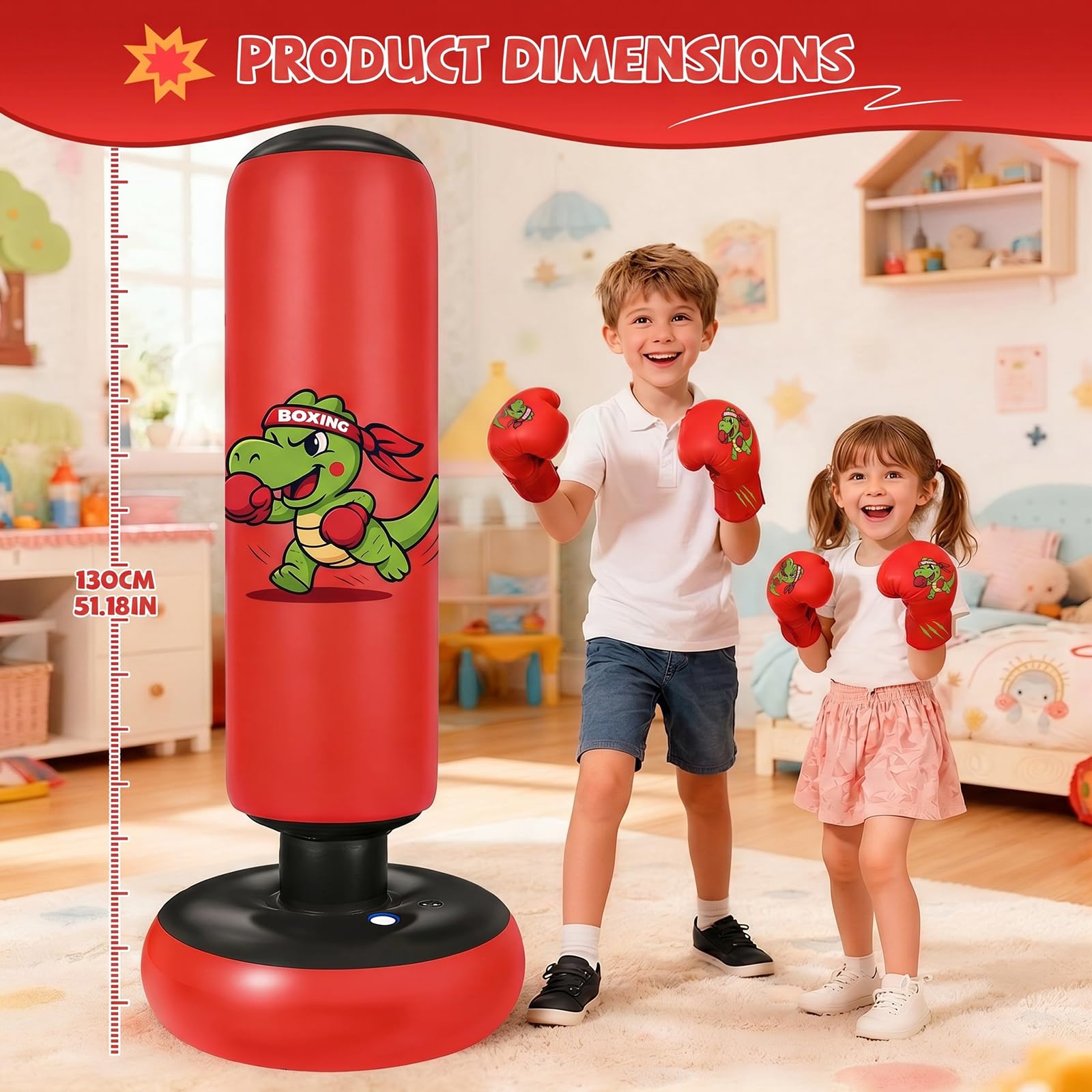 Ninonly 130cm Sacco da Boxe Bambini Motivo a Dinosauro Rosso | Pungiball Bambini con Guantoni e Pompa, Regalo per Bambini e Bambine Età 3+,per Karate e Taekwondo