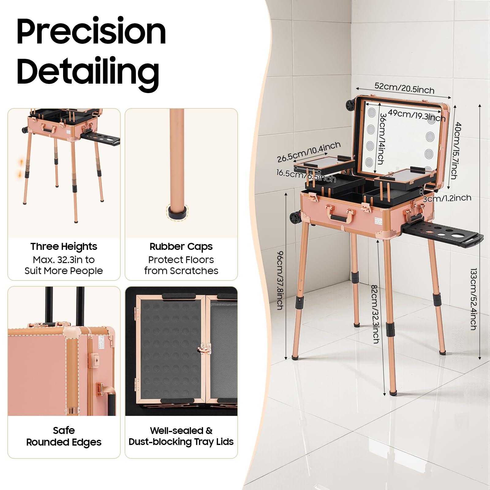 Maletín de Maquillaje Profesional con Luz LED y Espejo, Trolley de Maquillaje con Ruedas 360°, Patas Ajustables, Estación de Belleza Portátil para Maquilladores, Peluquería, Estética y Uñas