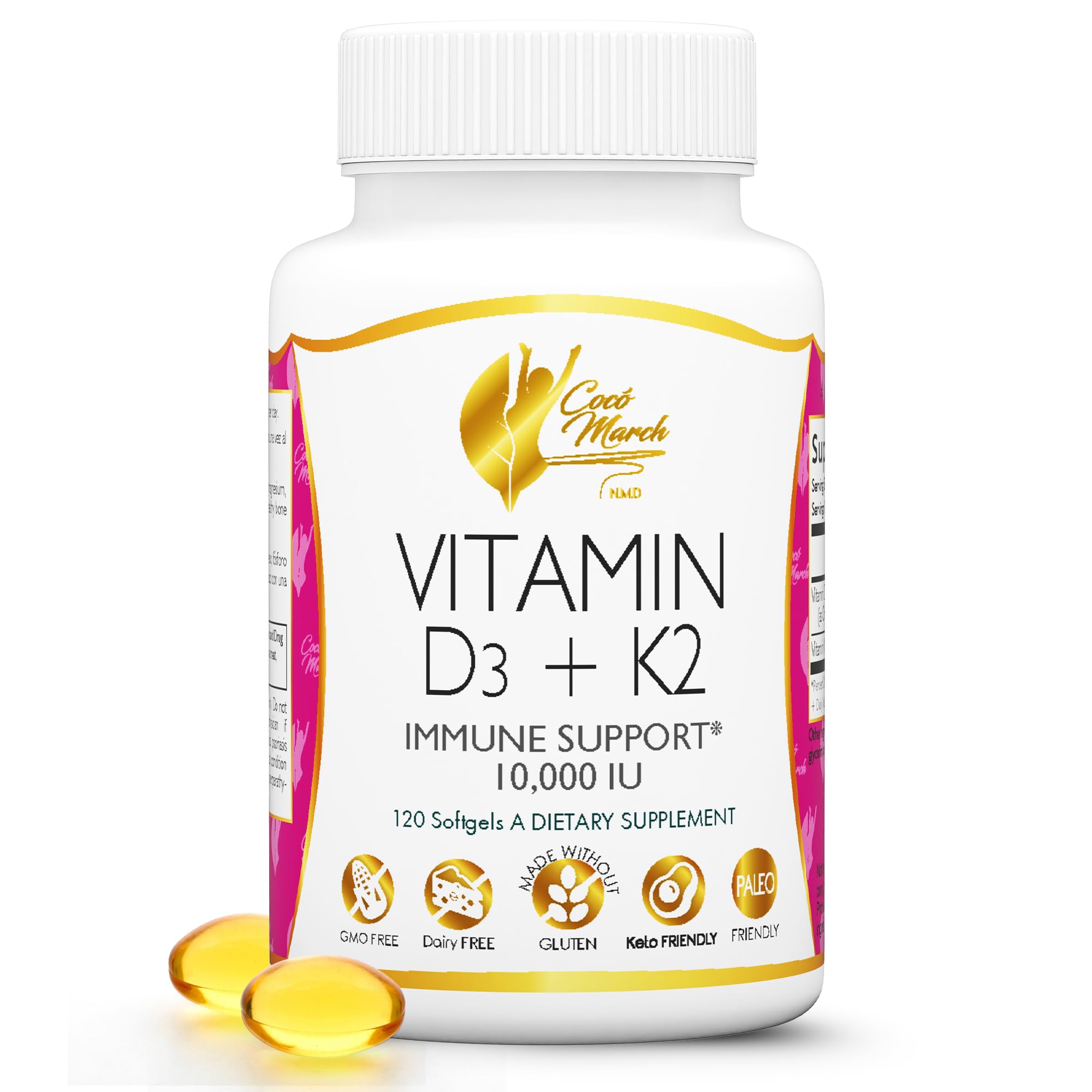 Cocó March N.M.D Vitamin D3+K2 10,000 IU - High Potency Supplement for Women & Men, Immune Support, Bone & Joint Health - Gluten-Free, Non-GMO, 4 Month Supply, 250 mcg D3, 180 mcg of Vitamin K2
