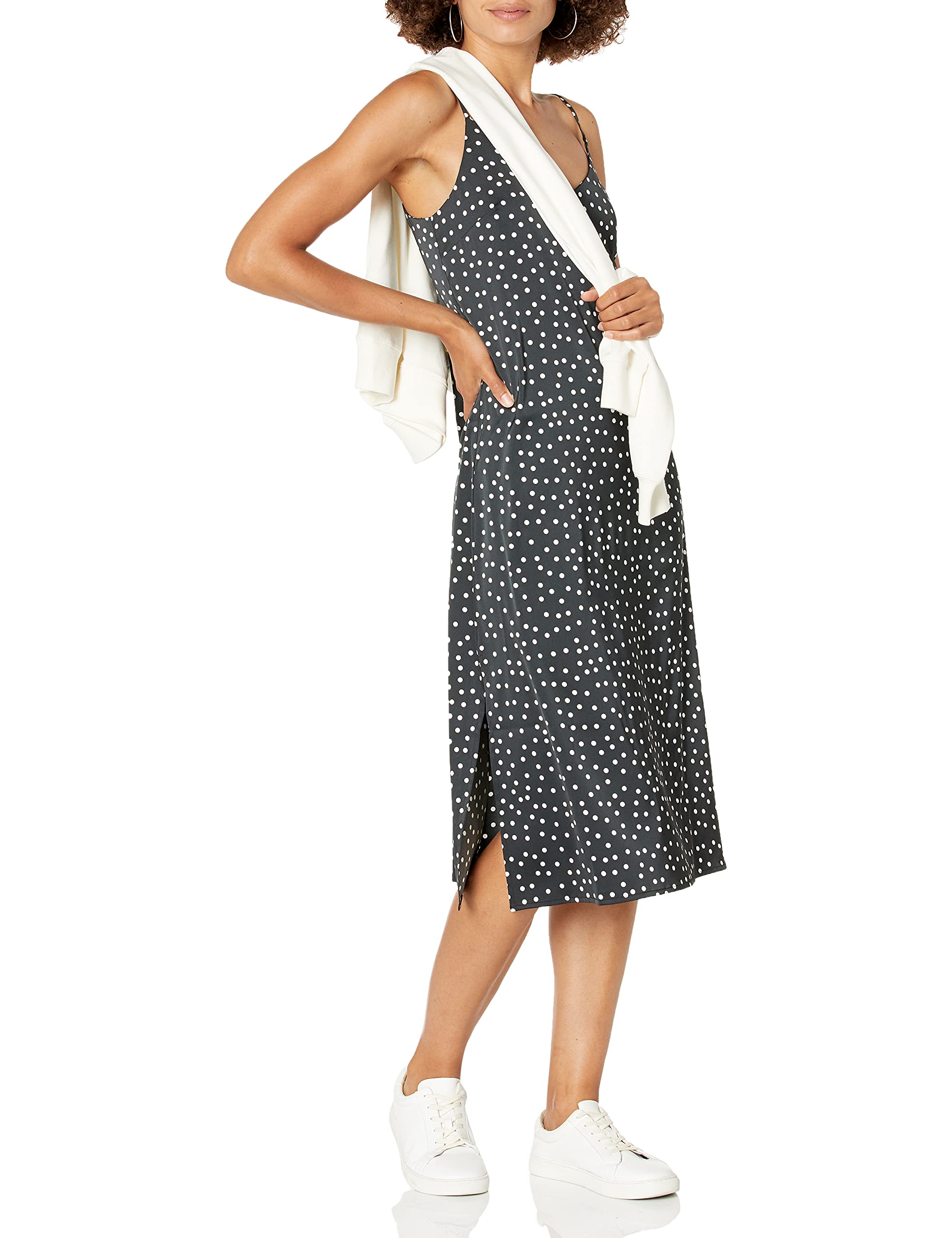 The Drop Ana Vestido de estilo lencero de largo medio y efecto de seda con cuello de pico Mujer