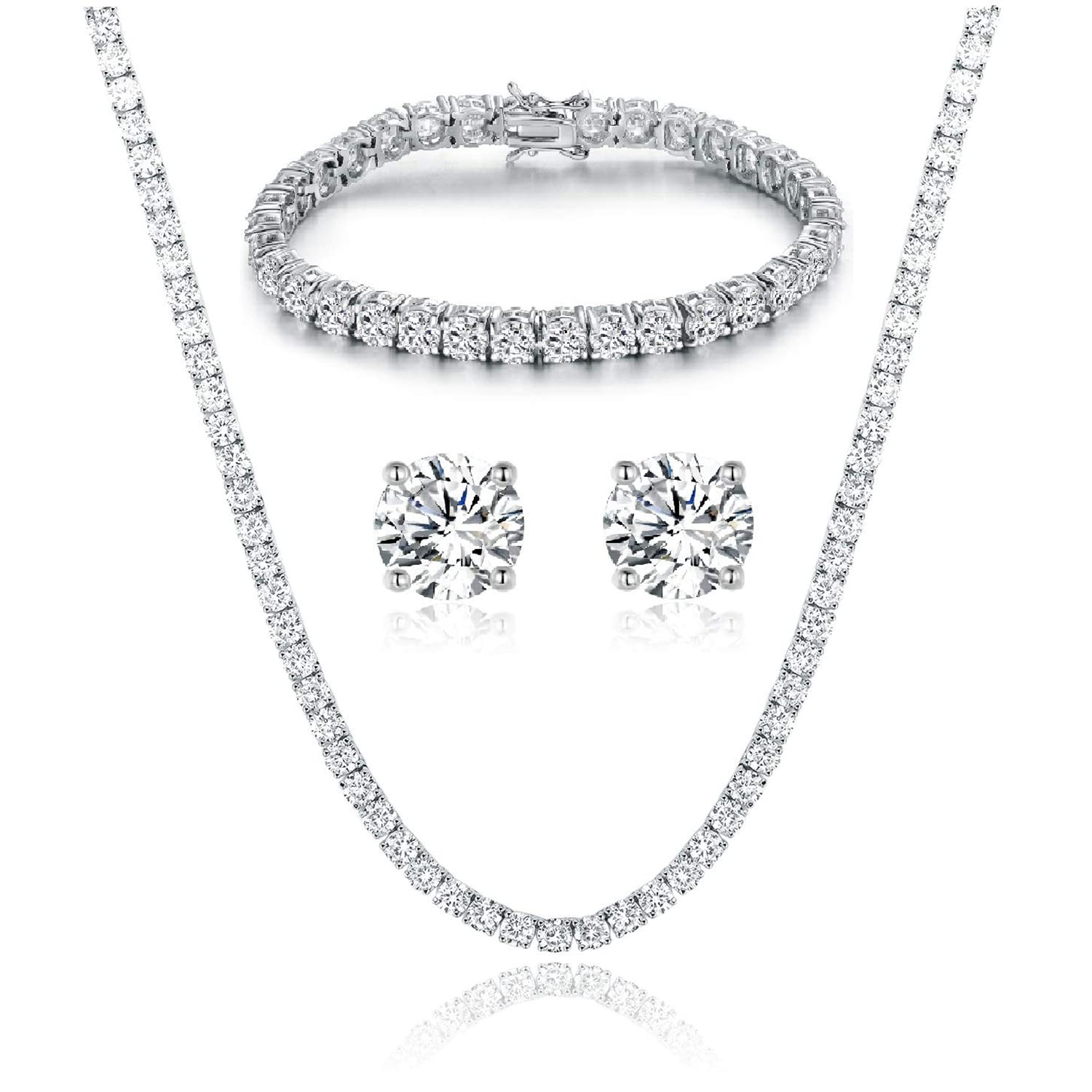 Gemsme 18K White Gold Plated Tennis Necklace/Bracelet/Earrings Sets Pack of 3