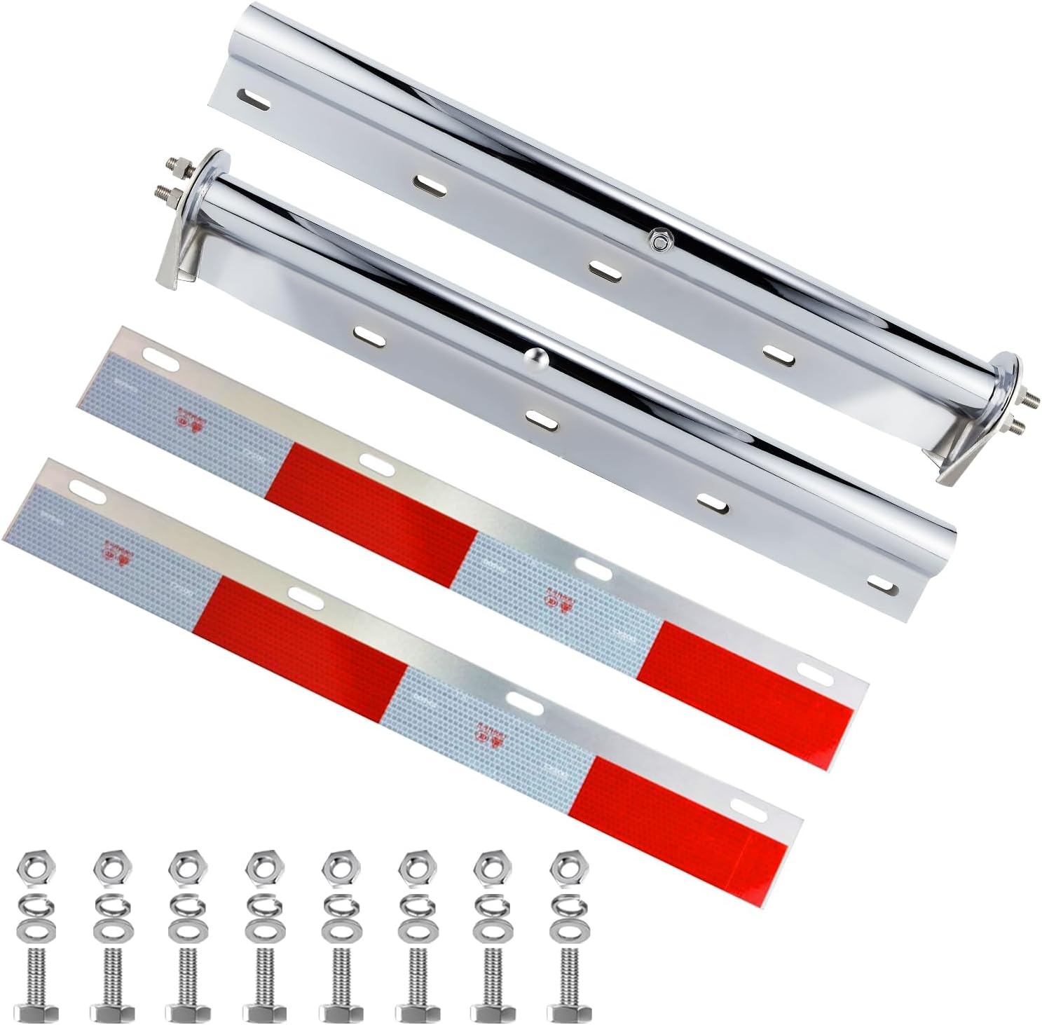Stainless Steel Straight Mud Flap Hanger with Internal Spring and Aluminum Reflective Tapes – 30" Bracket for Semi Truck & Trailer, Fits 1-1/8" Bolt Spacing,1 Pair