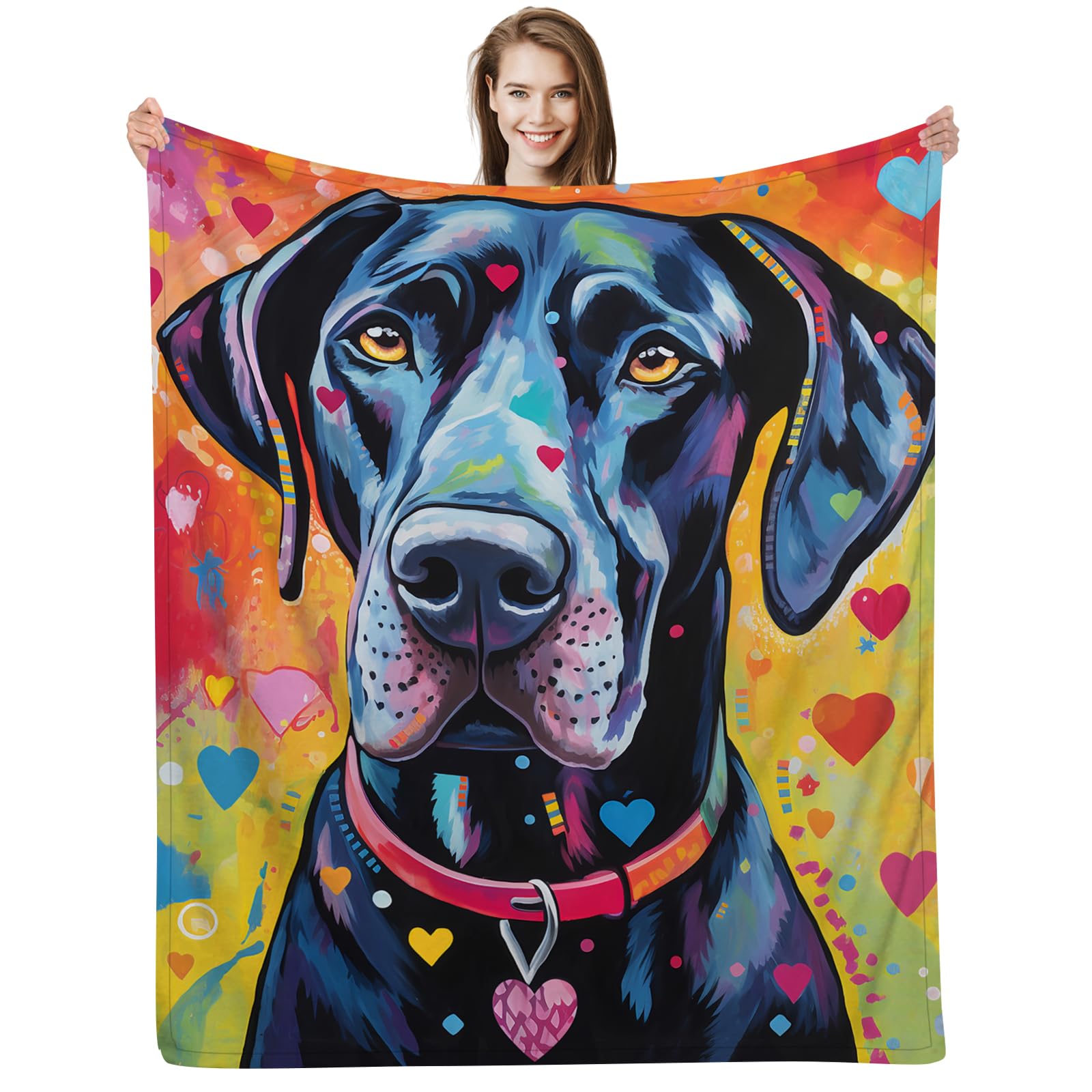 Great Dane Dog Throw Blanket - Black, Unique, Themed Gift with Bright Colorful Hearts, 60"x50"
