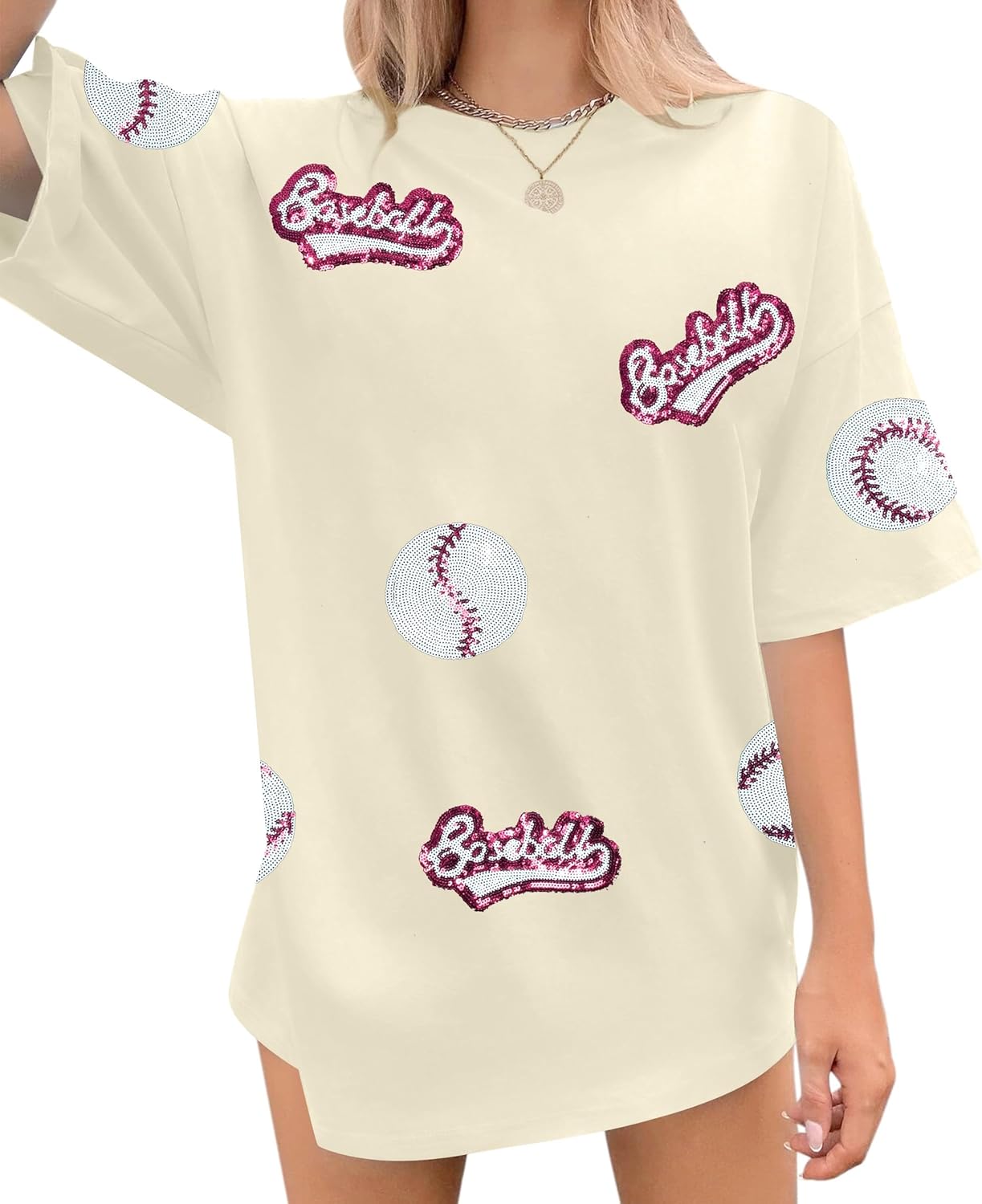 Baseball Shirts Women Oversized Sparkle Baseball Sequin Graphic Tee Baseball Mom Shirt Game Day Gifts Short Sleeve Tops