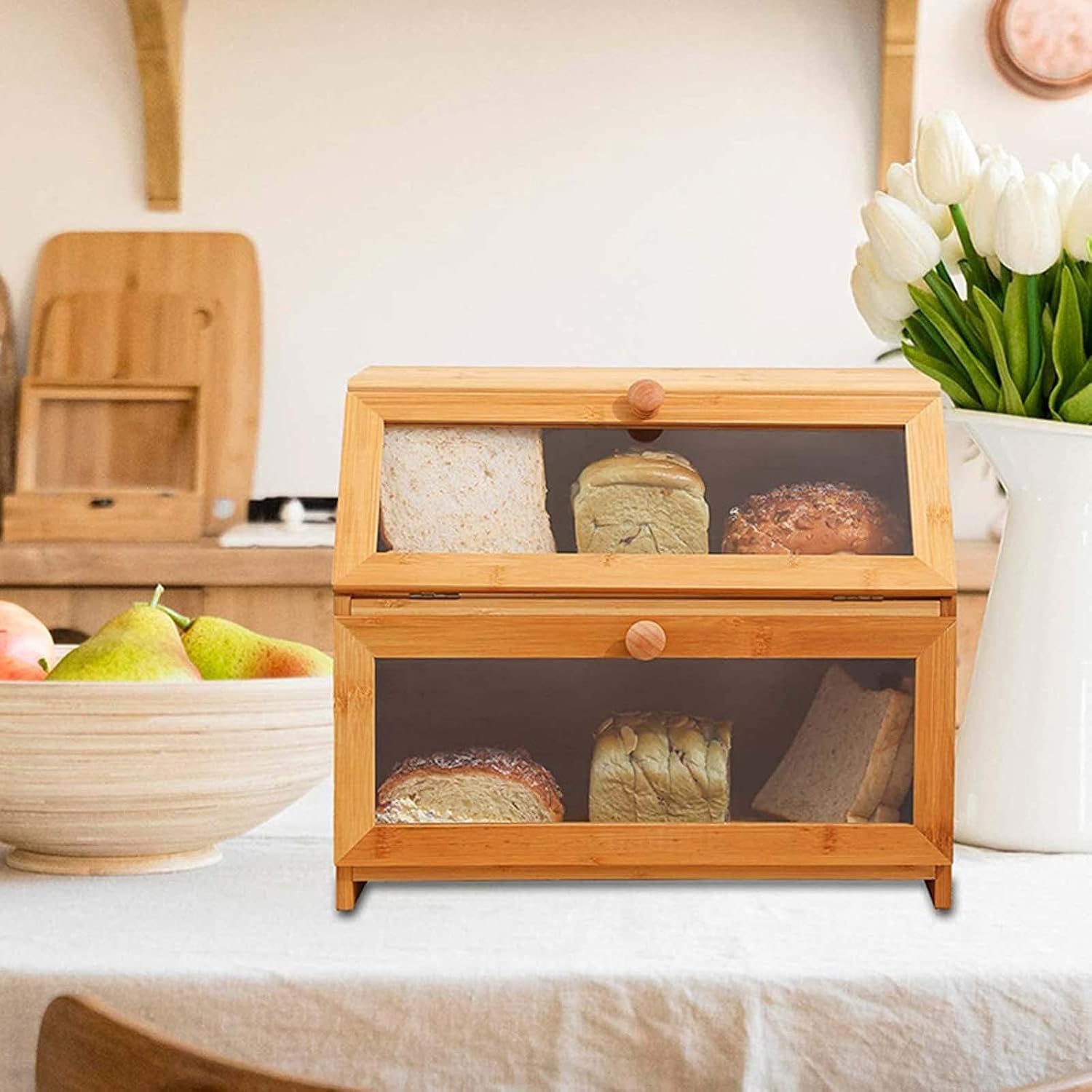 Doppelwandiger Brotkasten Aus Holz – Großzügiges Fassungsvermögen Mit Sichtfenster Für Brot, Obst Und Snacks – Stilvoller Organizer Für Die Küchenarbeitsplatte
