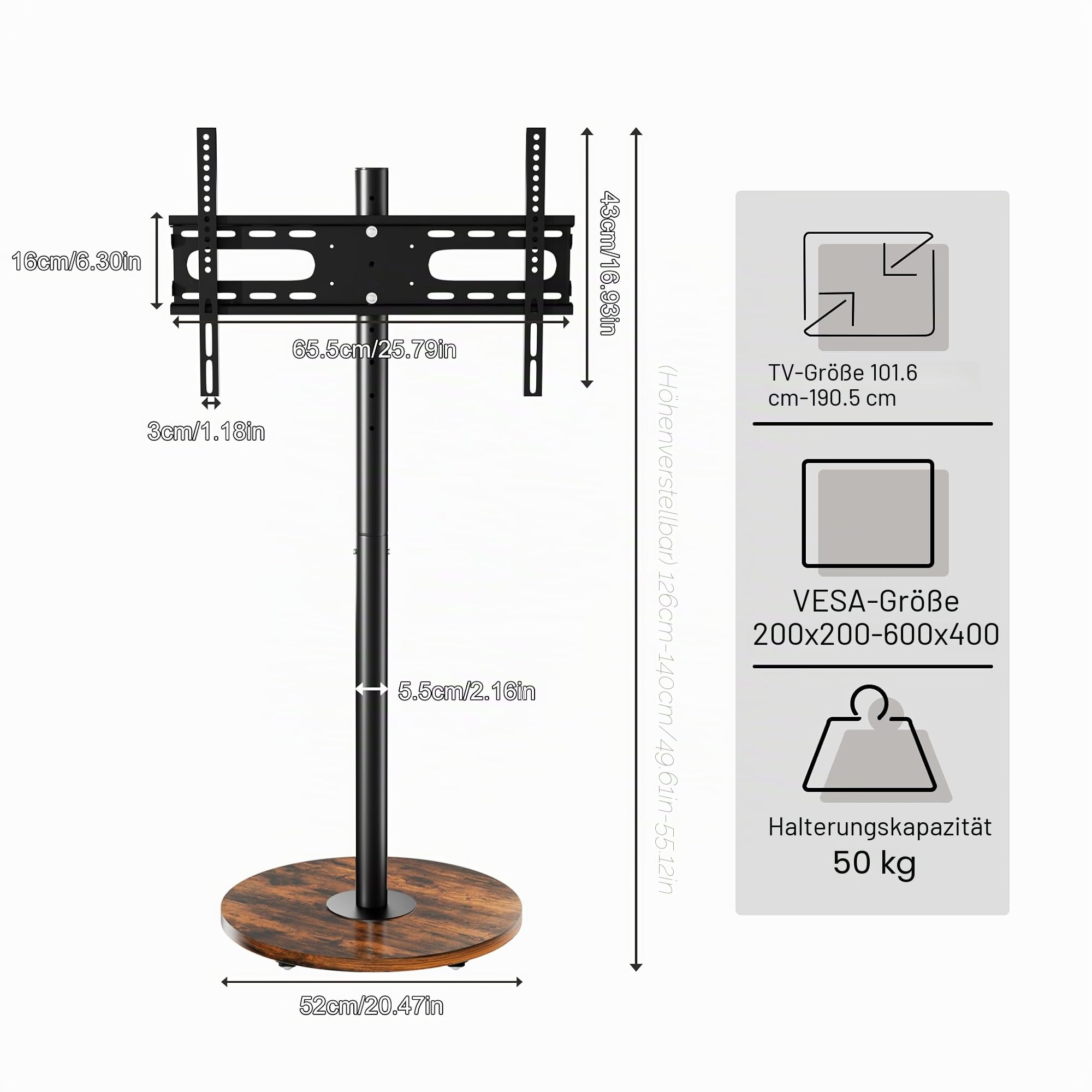 unho TV Standfuss Höhenverstellbar, TV Ständer Rollbar, TV Bodenständer für 40-75 Zoll Fernsehstand, VESA 600x400mm, bis Max 50kg, schwarz