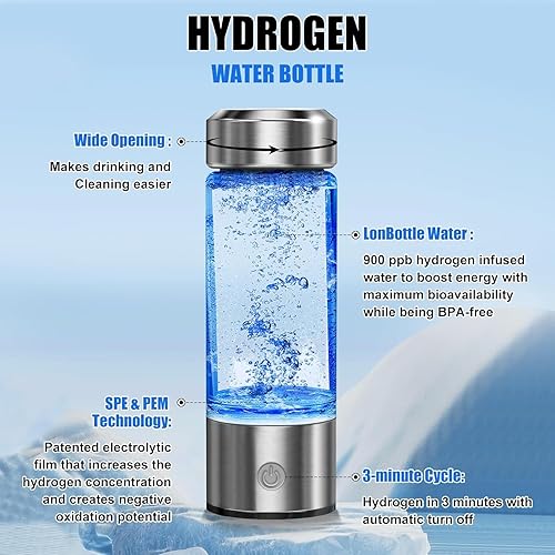 Miniatura 3 de Botella de agua de hidrógeno, generador de agua rica en hidrógeno, máquina ionizadora de agua de hidrógeno de vidrio portátil recargable con