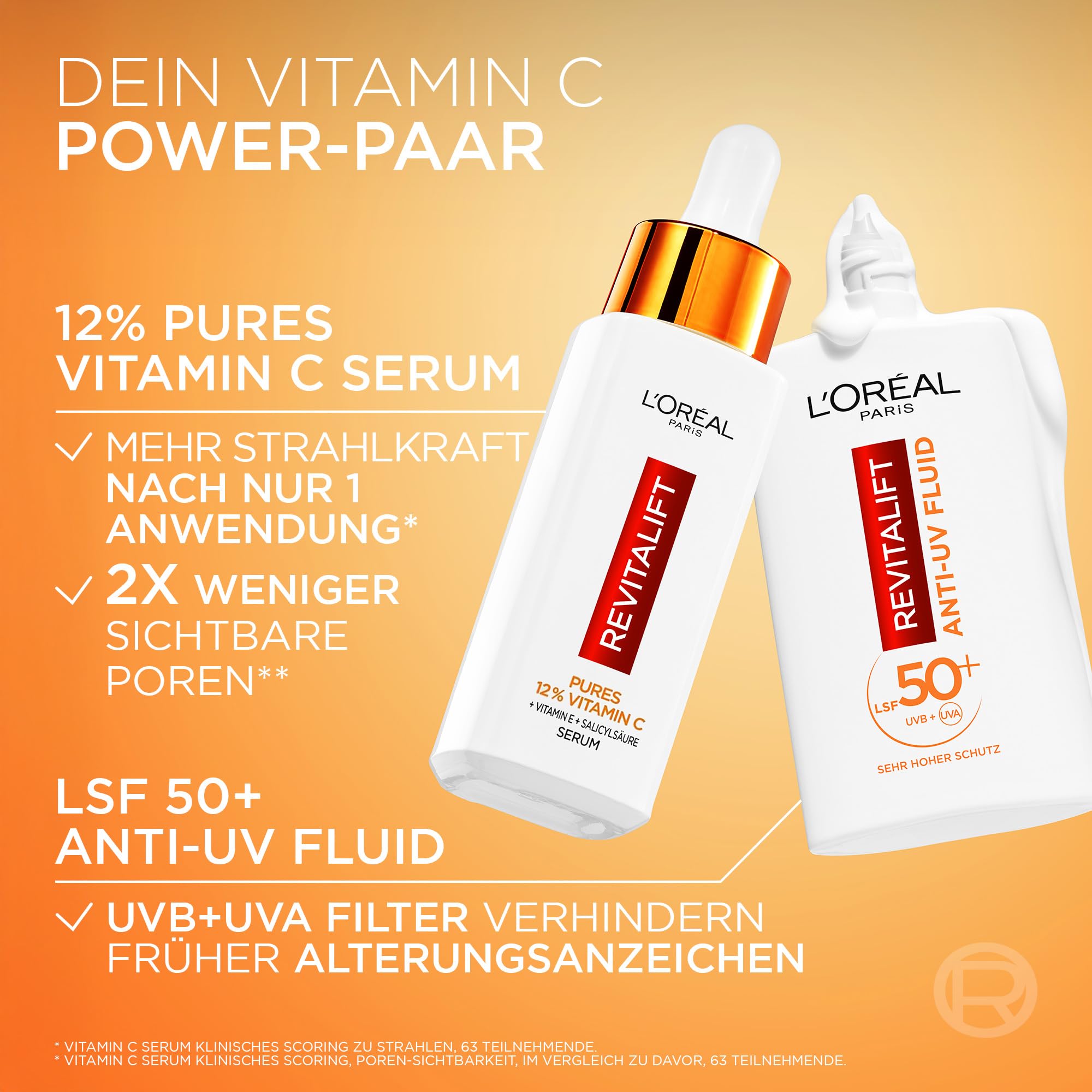 L'Oréal Paris Gesichtspflege-Set mit Vitamin C Serum und Anti-UV-Fluid mit LSF 50+, Für einen strahlenden Hautton, Gegen erste Anzeichen der Hautalterung, Revitalift Clinical Vitamin C, 30 ml + 50 ml