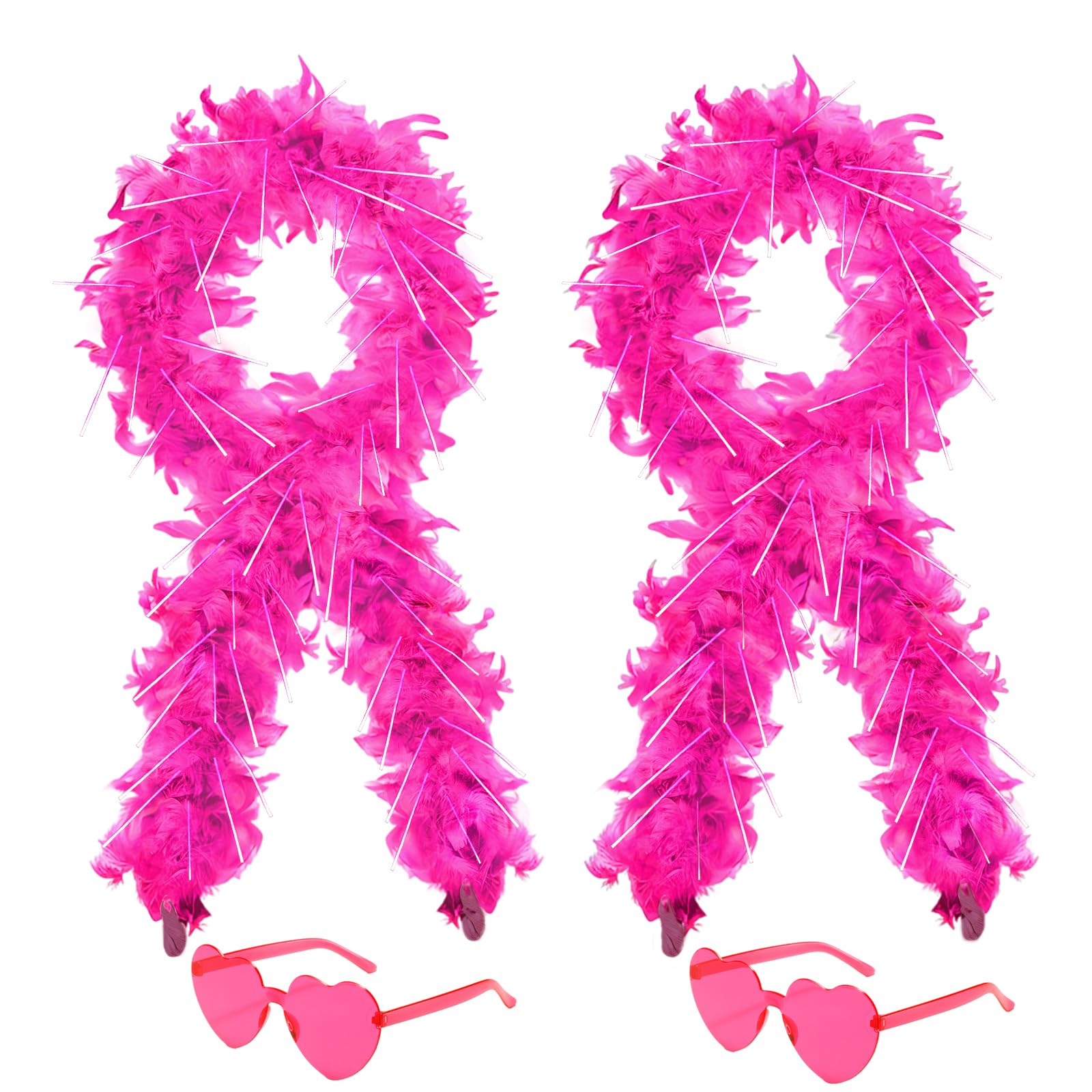 4Pcs Colorful Fancy Dress Feather Boa Set, 4ft Feather Boa with Heart Rimless Sunglasses for Women, Artificial Fluffy Boa Decorations wit for Dancing Wedding Party Cosplay Halloween (Hot Pink)